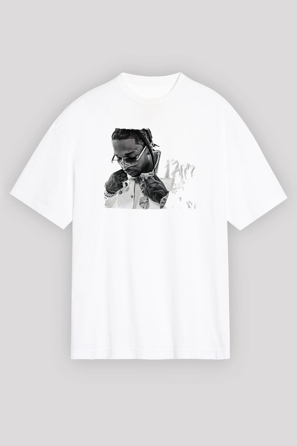 Pop Smoke Baskılı Beyaz Unisex Oversize Tişört - Tshirt