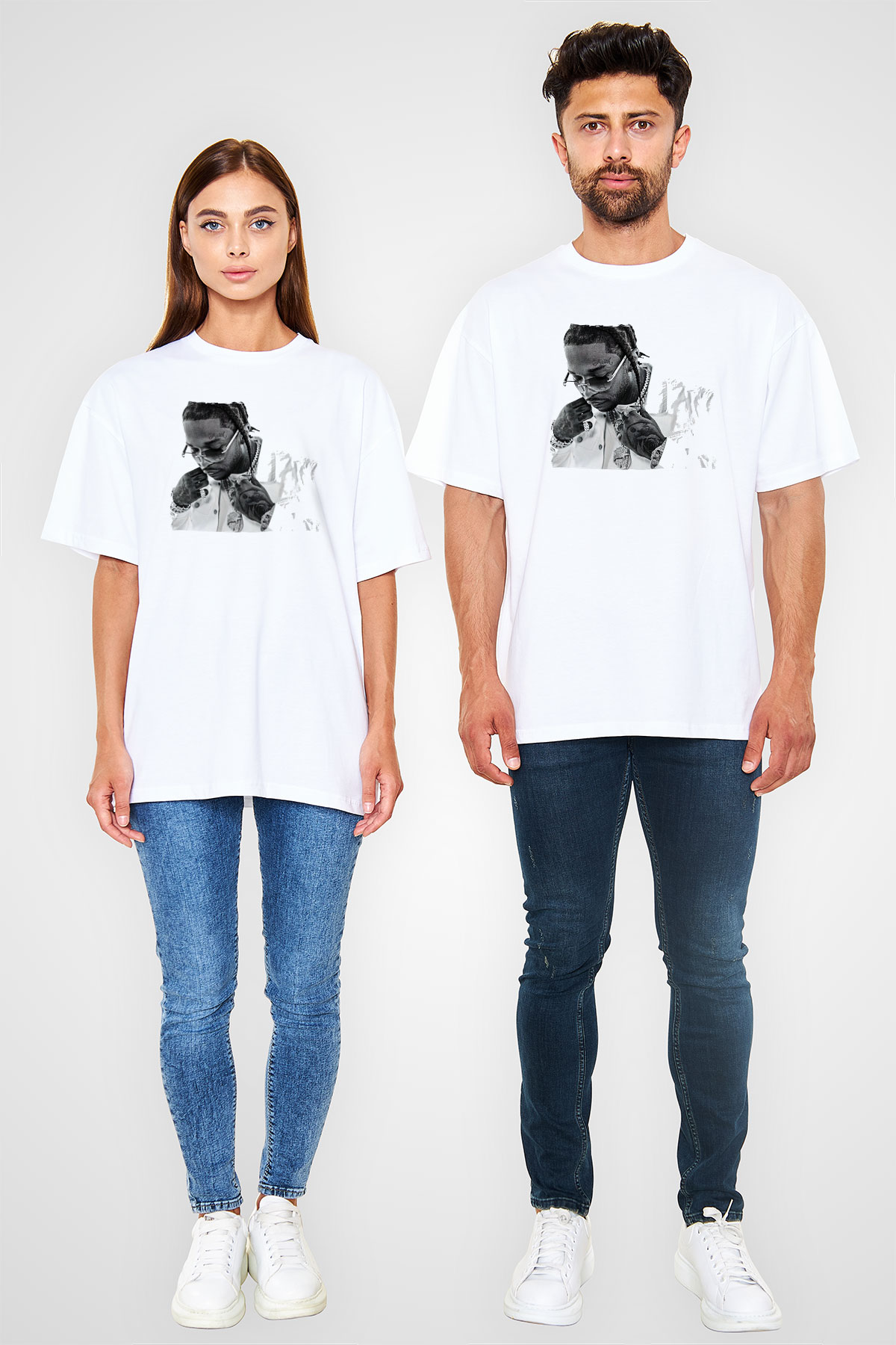 Pop Smoke Baskılı Beyaz Unisex Oversize Tişört - Tshirt
