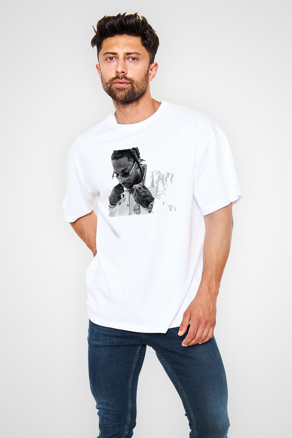 Pop Smoke Baskılı Beyaz Unisex Oversize Tişört - Tshirt