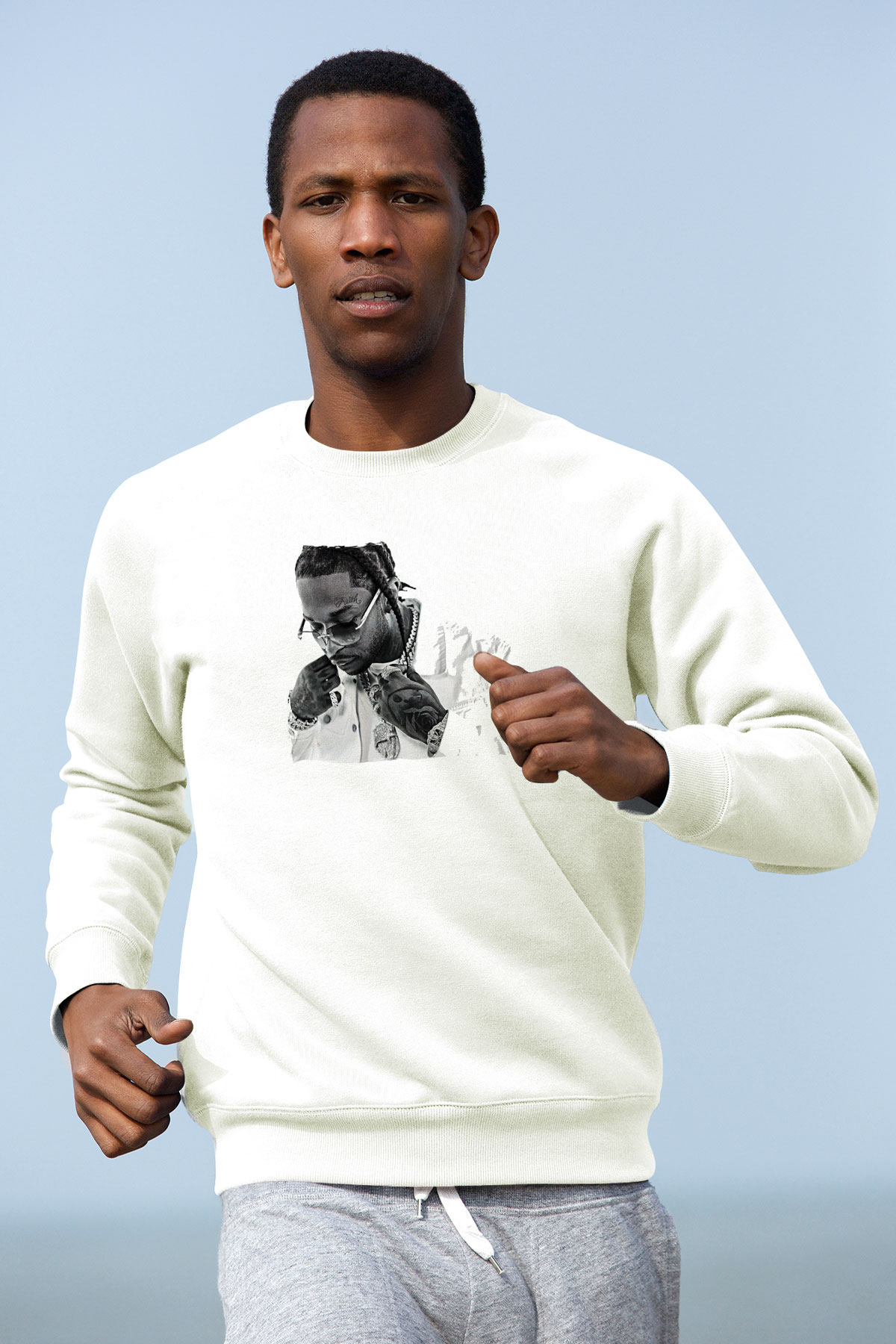 Pop Smoke Baskılı Beyaz Unisex Sweatshirt
