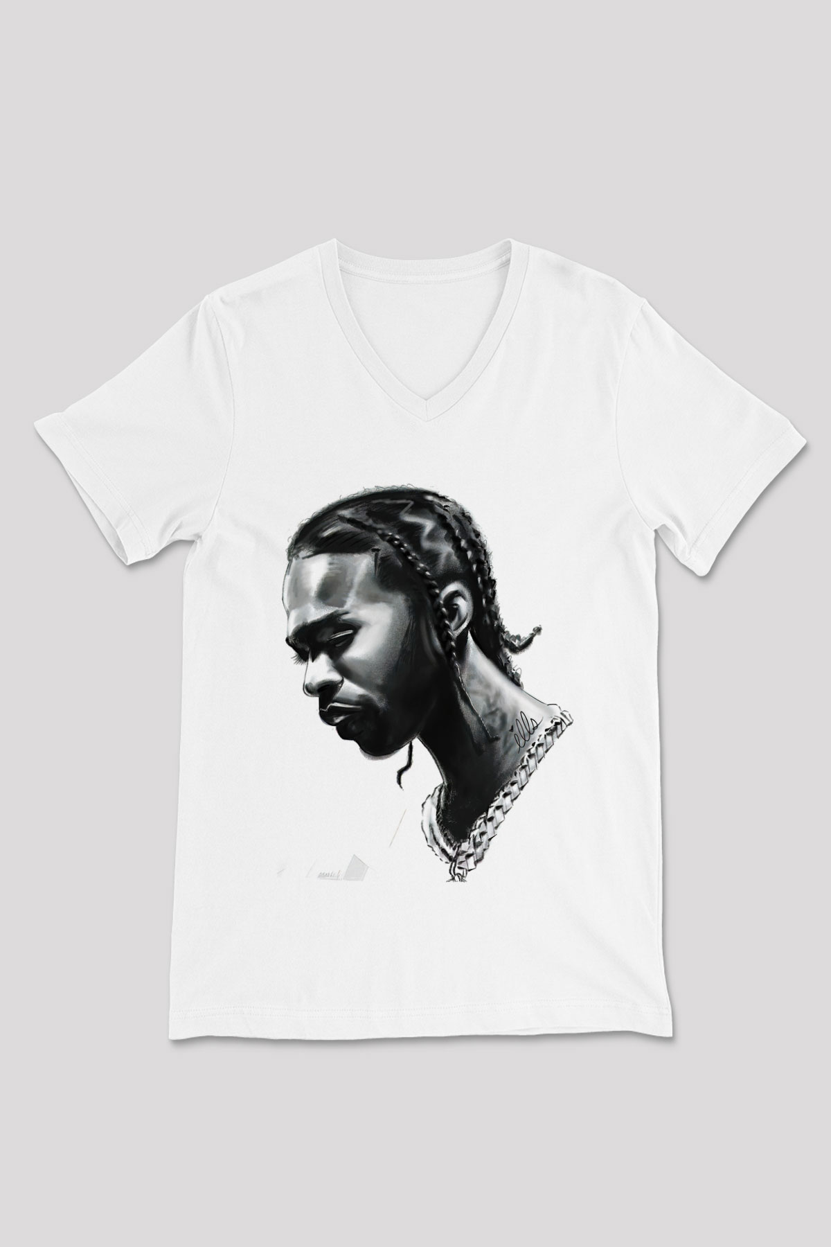 Pop Smoke Baskılı Beyaz Unisex V Yaka Tişört - Tshirt