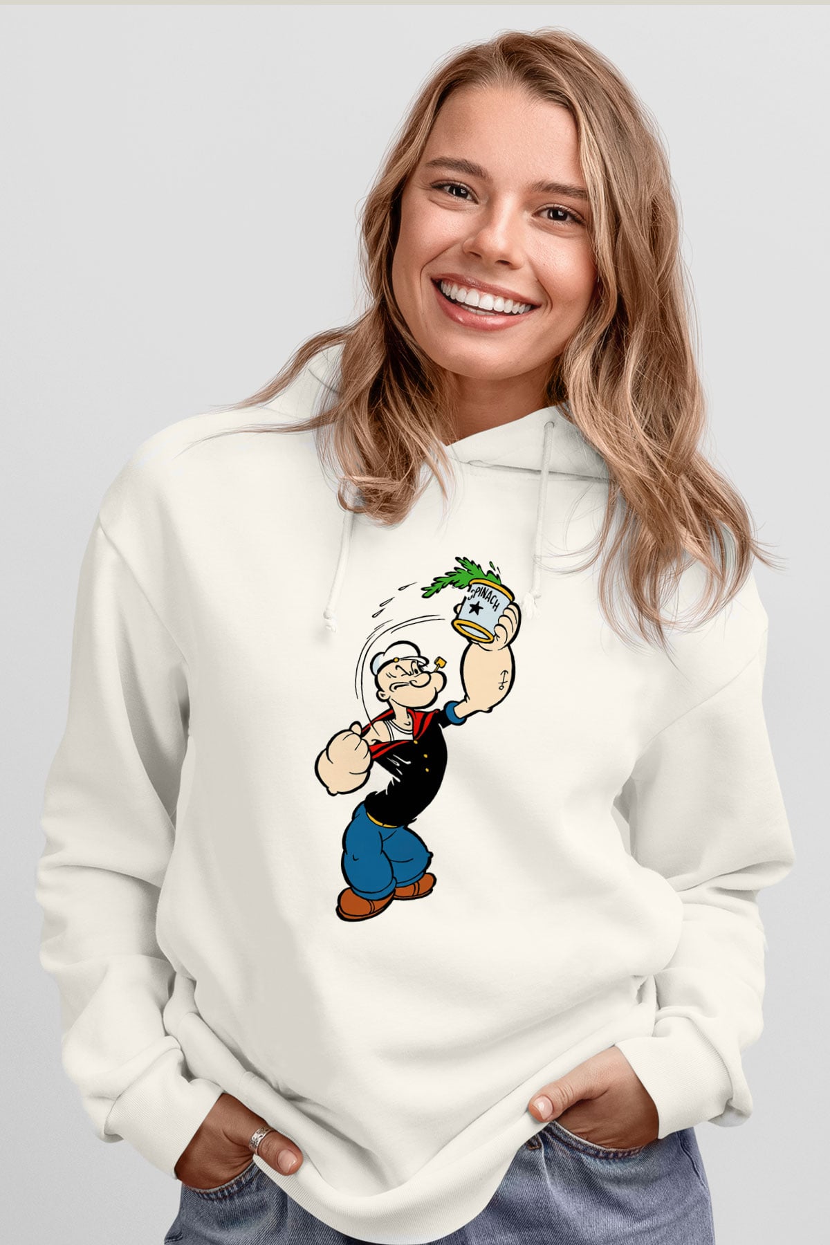 Popeye Beyaz Unisex Kapşonlu Sweatshirt