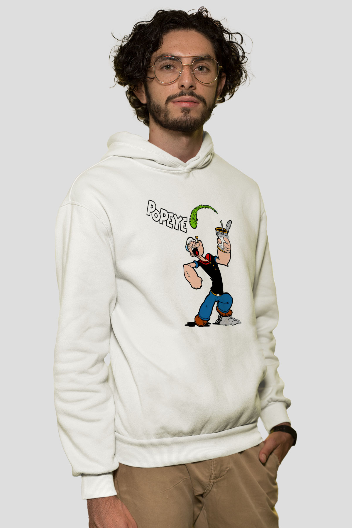 Popeye Beyaz Unisex Kapşonlu Sweatshirt
