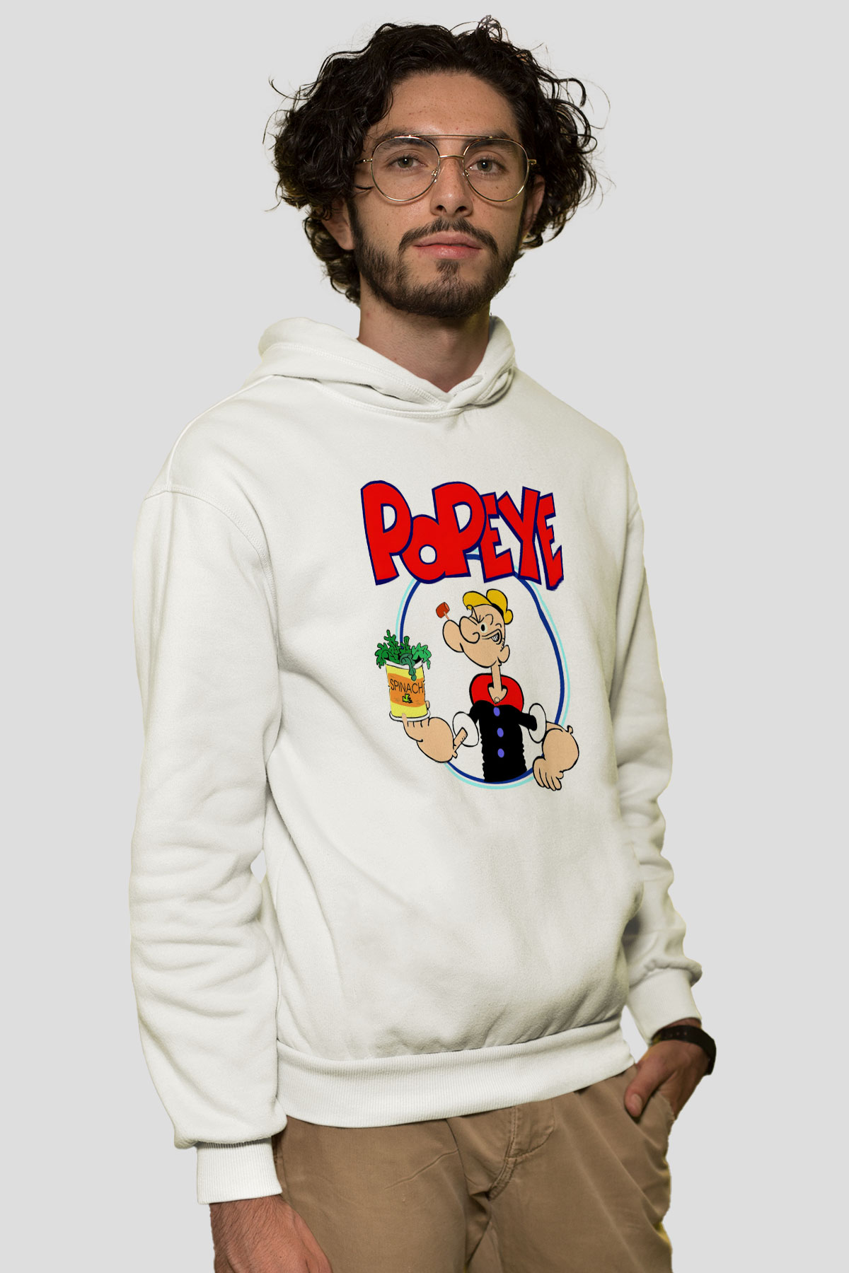 Popeye Beyaz Unisex Kapşonlu Sweatshirt