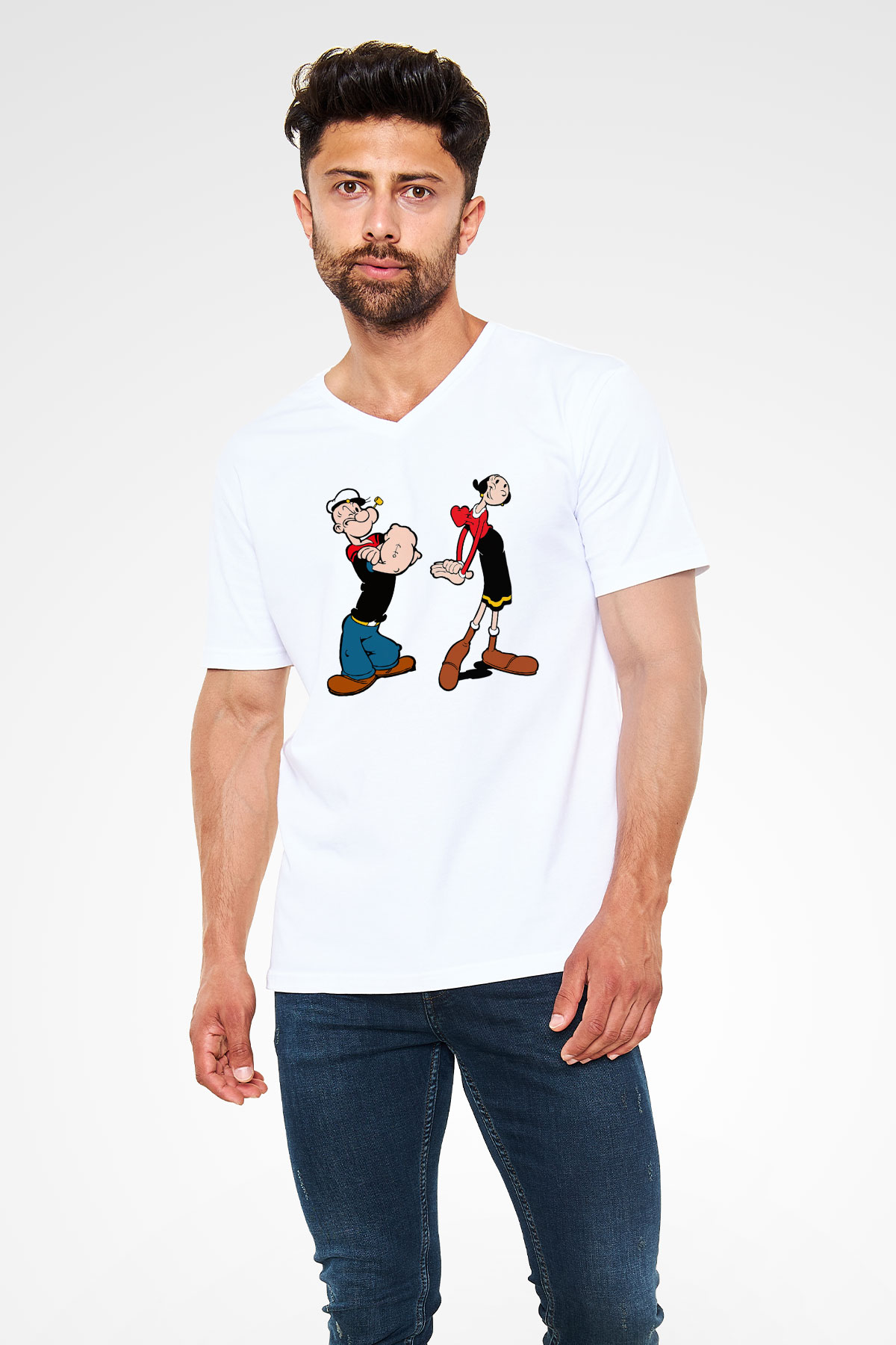 Popeye Beyaz Unisex V Yaka Tişört T-Shirt