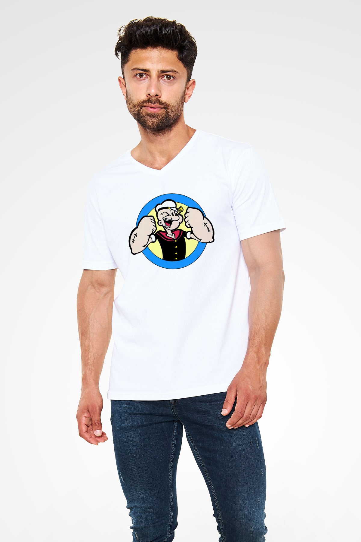 Popeye Beyaz Unisex V Yaka Tişört T-Shirt