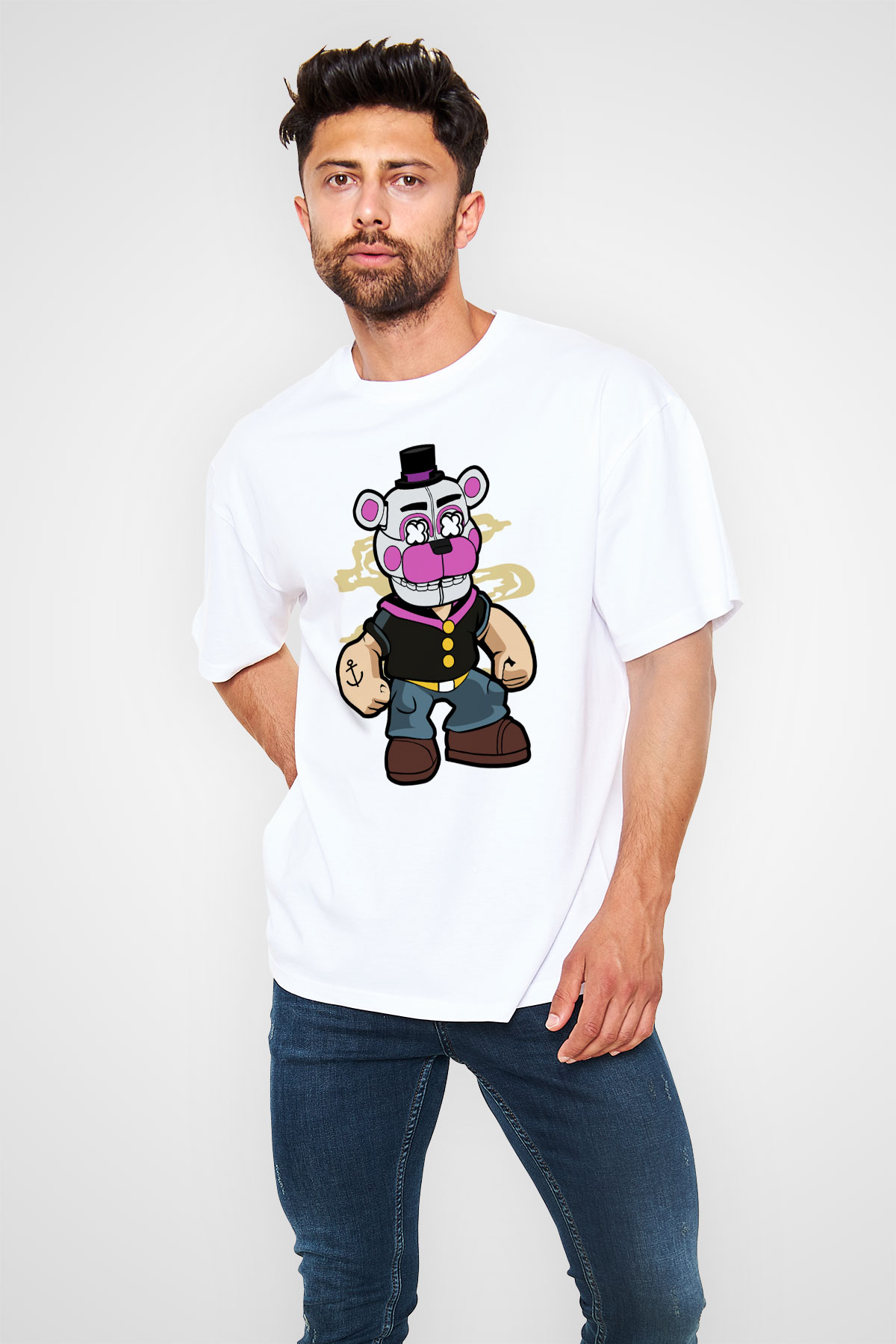 Popeye Freddy Baskılı Unisex Beyaz Oversize Tişört