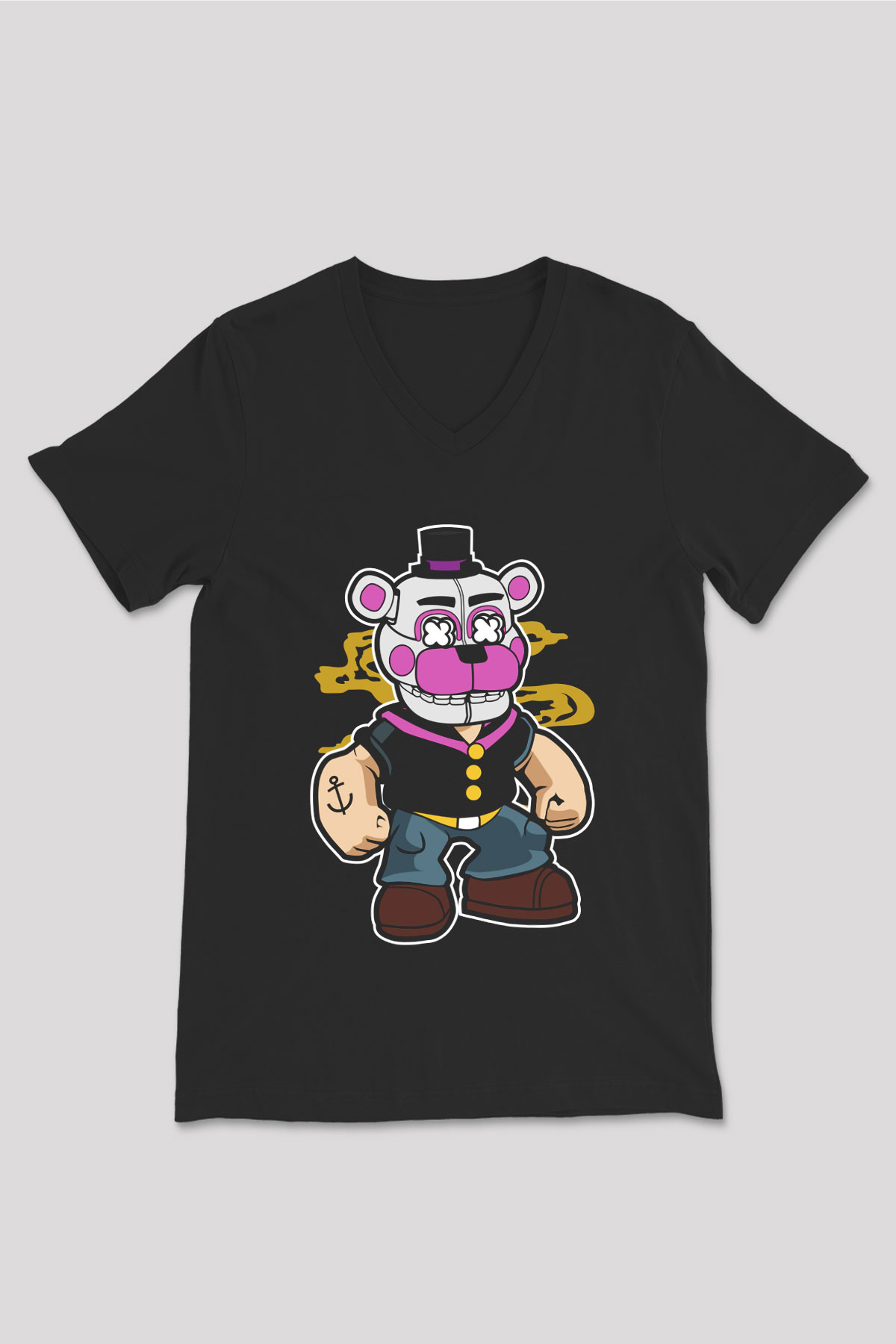 Popeye Freddy Baskılı Unisex Siyah V Yaka Tişört
