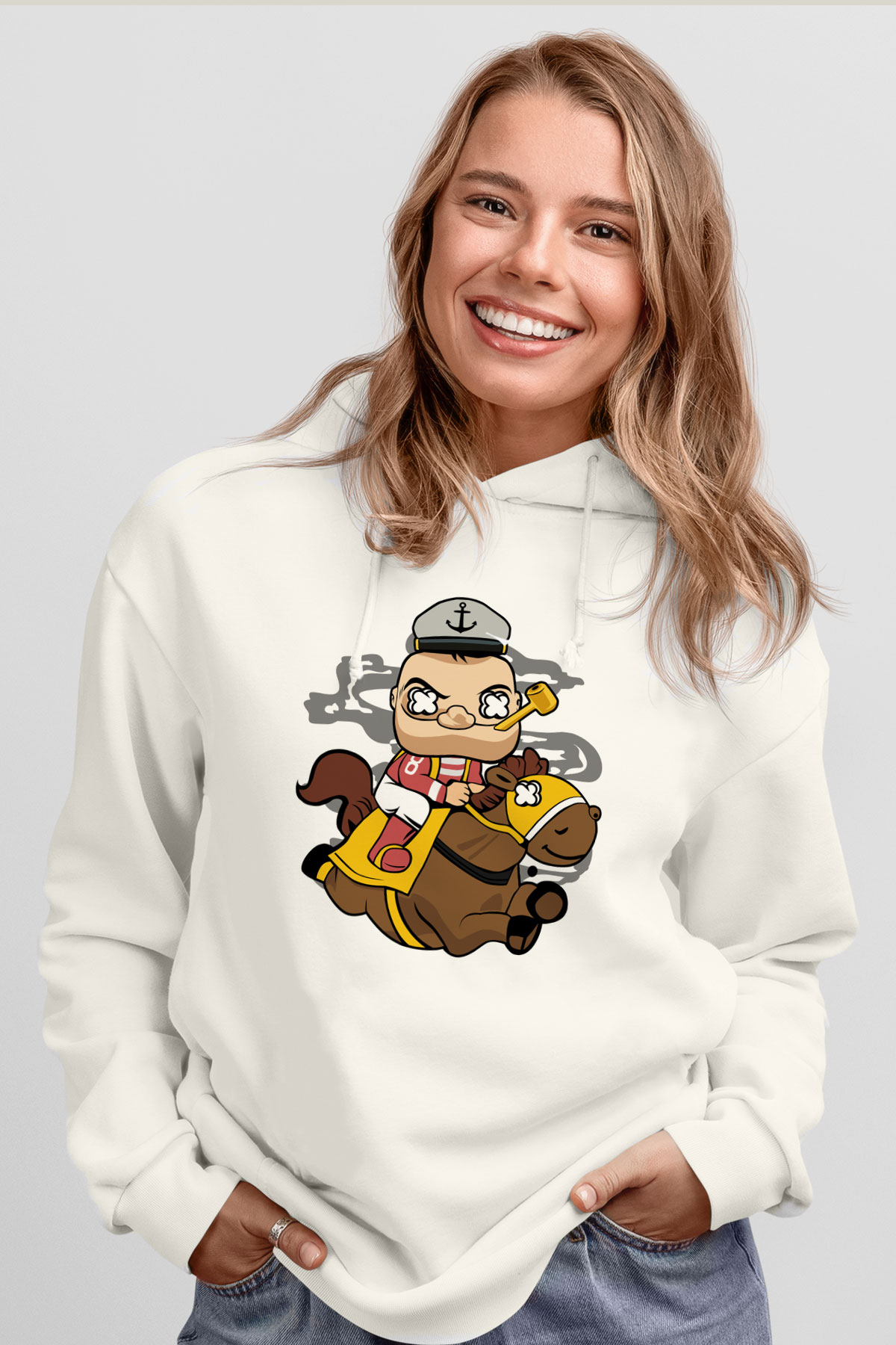 Popeye Jockey Baskılı Beyaz Unisex Hoodie