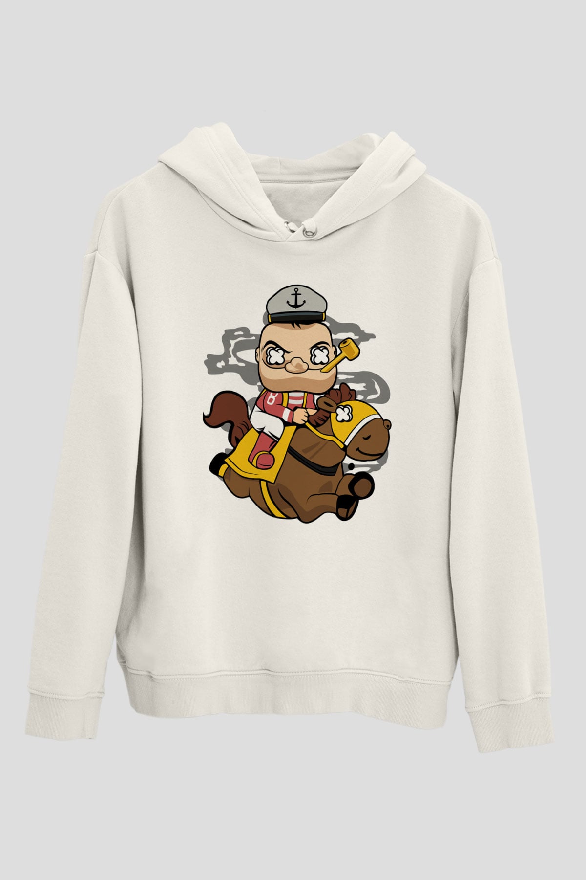 Popeye Jockey Baskılı Beyaz Unisex Hoodie
