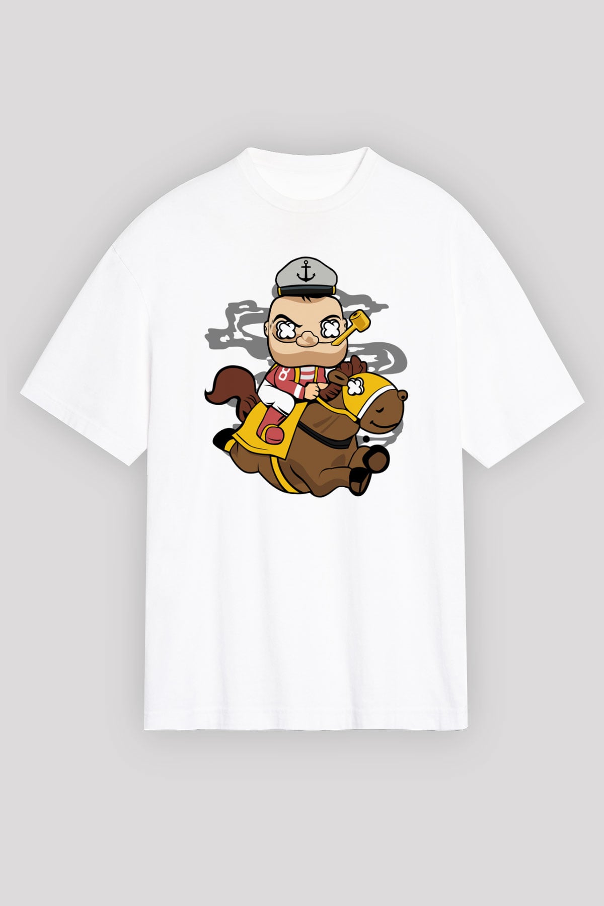 Popeye Jockey Baskılı Beyaz Unisex Oversize Tişört