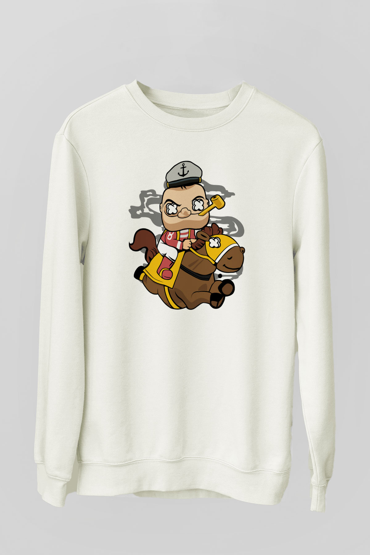Popeye Jockey Baskılı Beyaz Unisex Sweatshirt