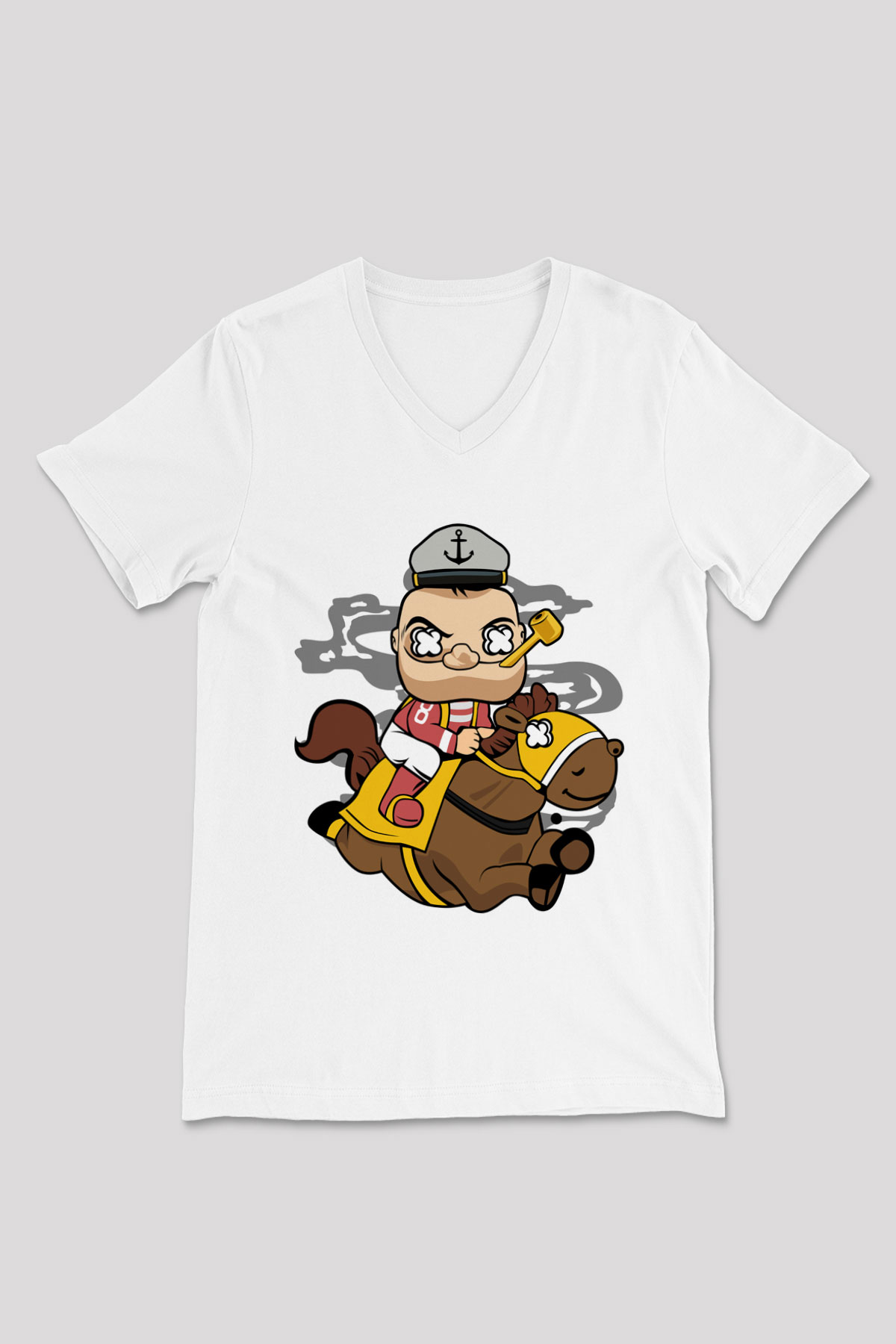 Popeye Jockey Baskılı Beyaz Unisex V Yaka Tişört