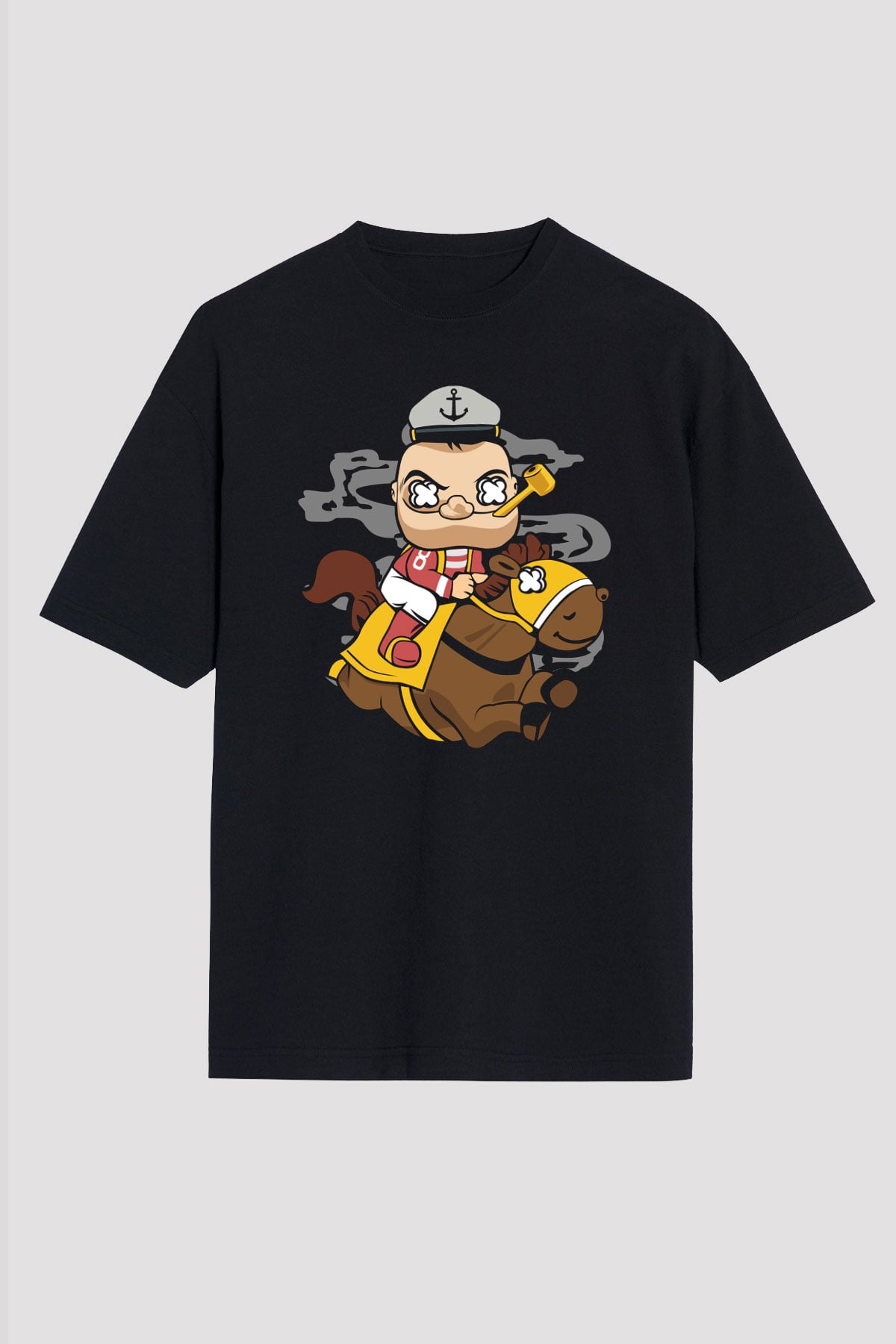 Popeye Jockey Baskılı Siyah Unisex Oversize Tişört