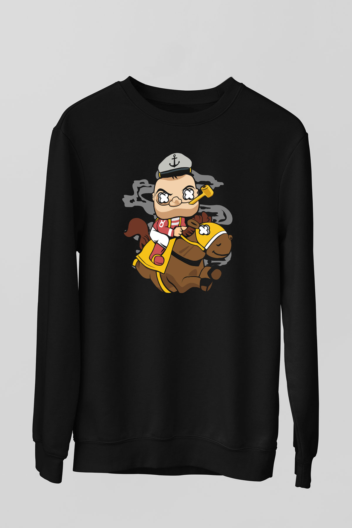 Popeye Jockey Baskılı Siyah Unisex Sweatshirt