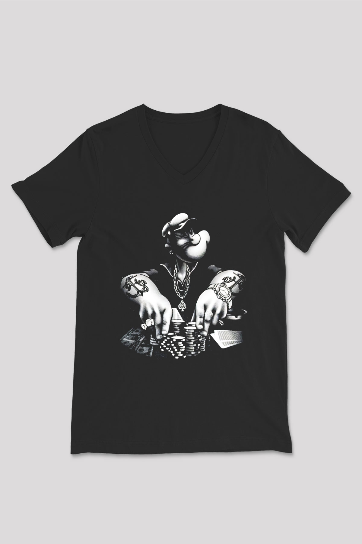 Popeye Siyah Unisex V Yaka Tişört