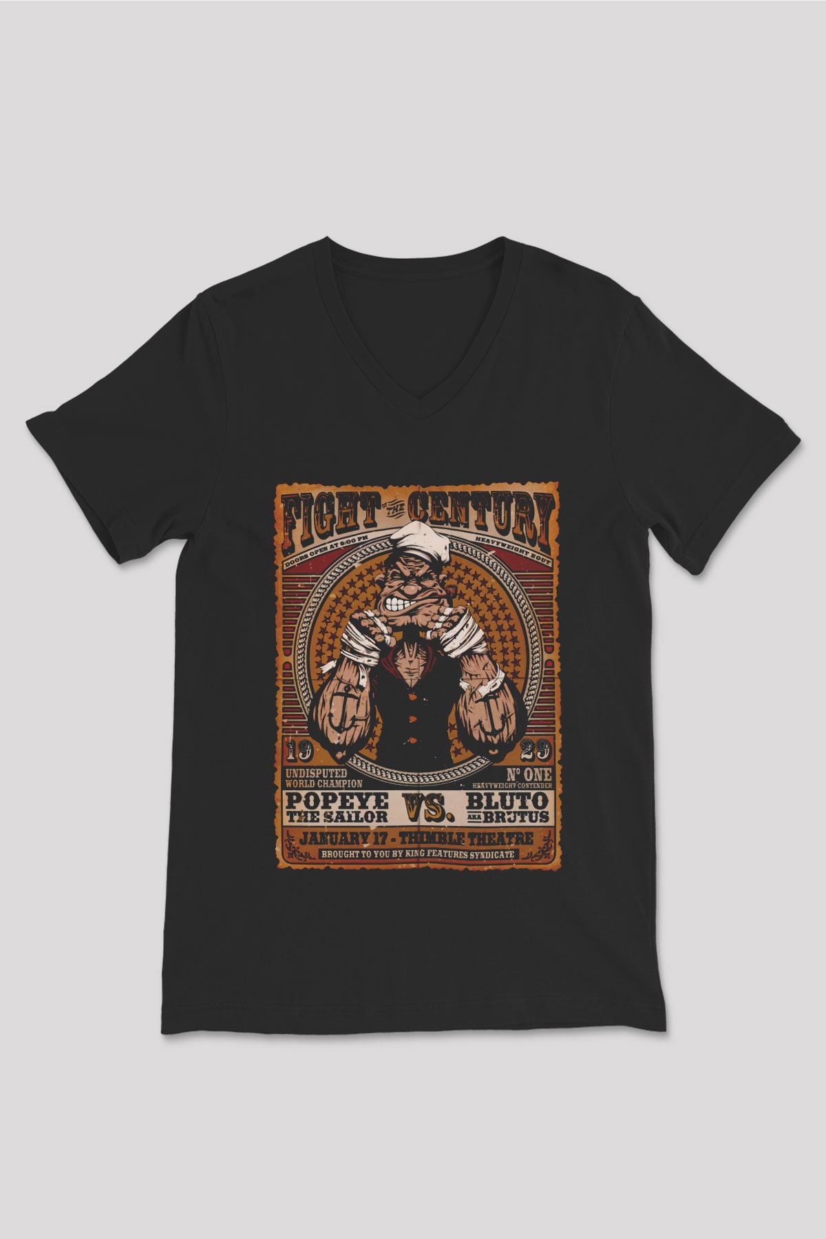 Popeye Siyah Unisex  V Yaka Tişört