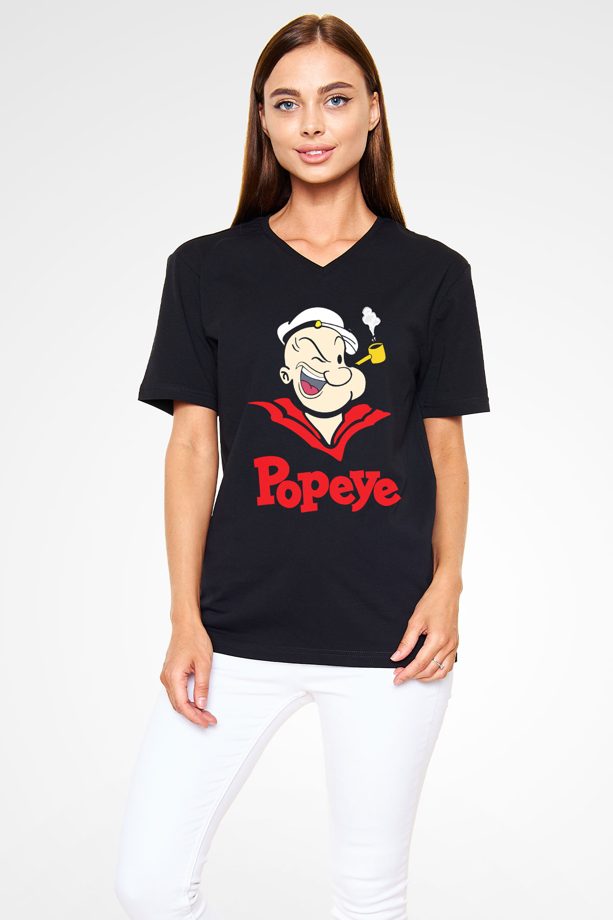 Popeye Siyah Unisex  V Yaka Tişört