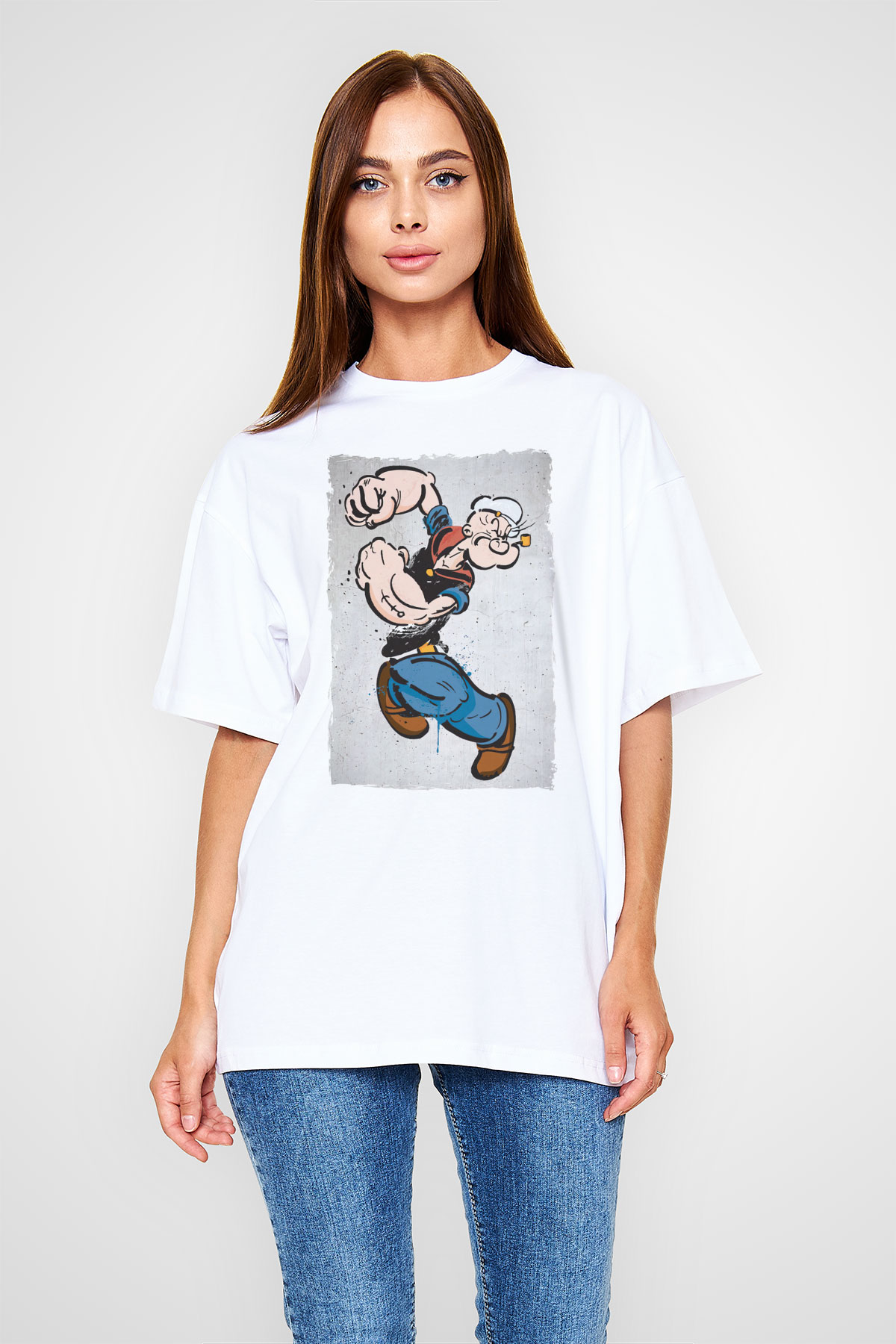 Popeye Temel Reis Baskılı Oversize Beyaz Tişört
