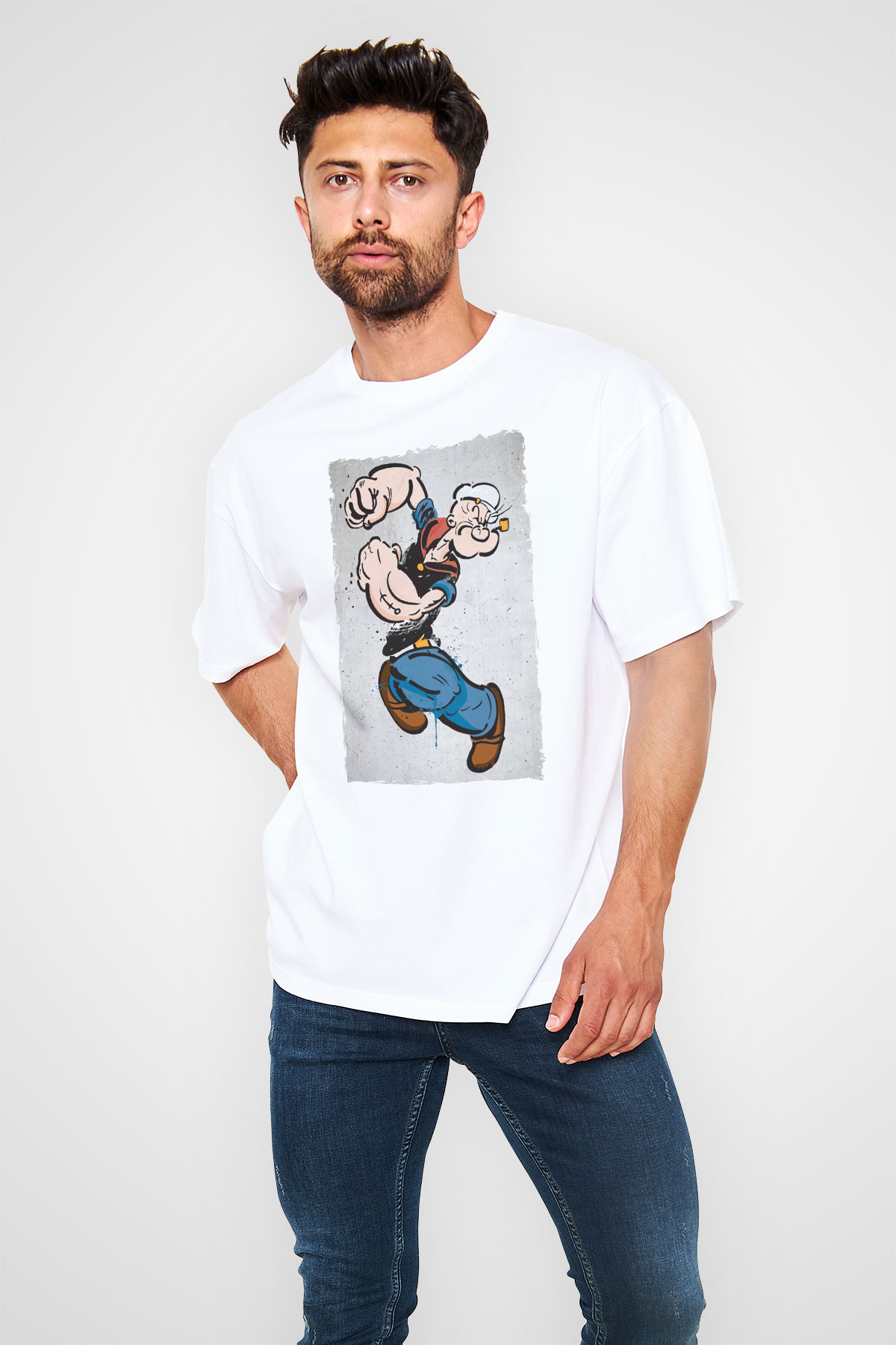 Popeye Temel Reis Baskılı Oversize Beyaz Tişört