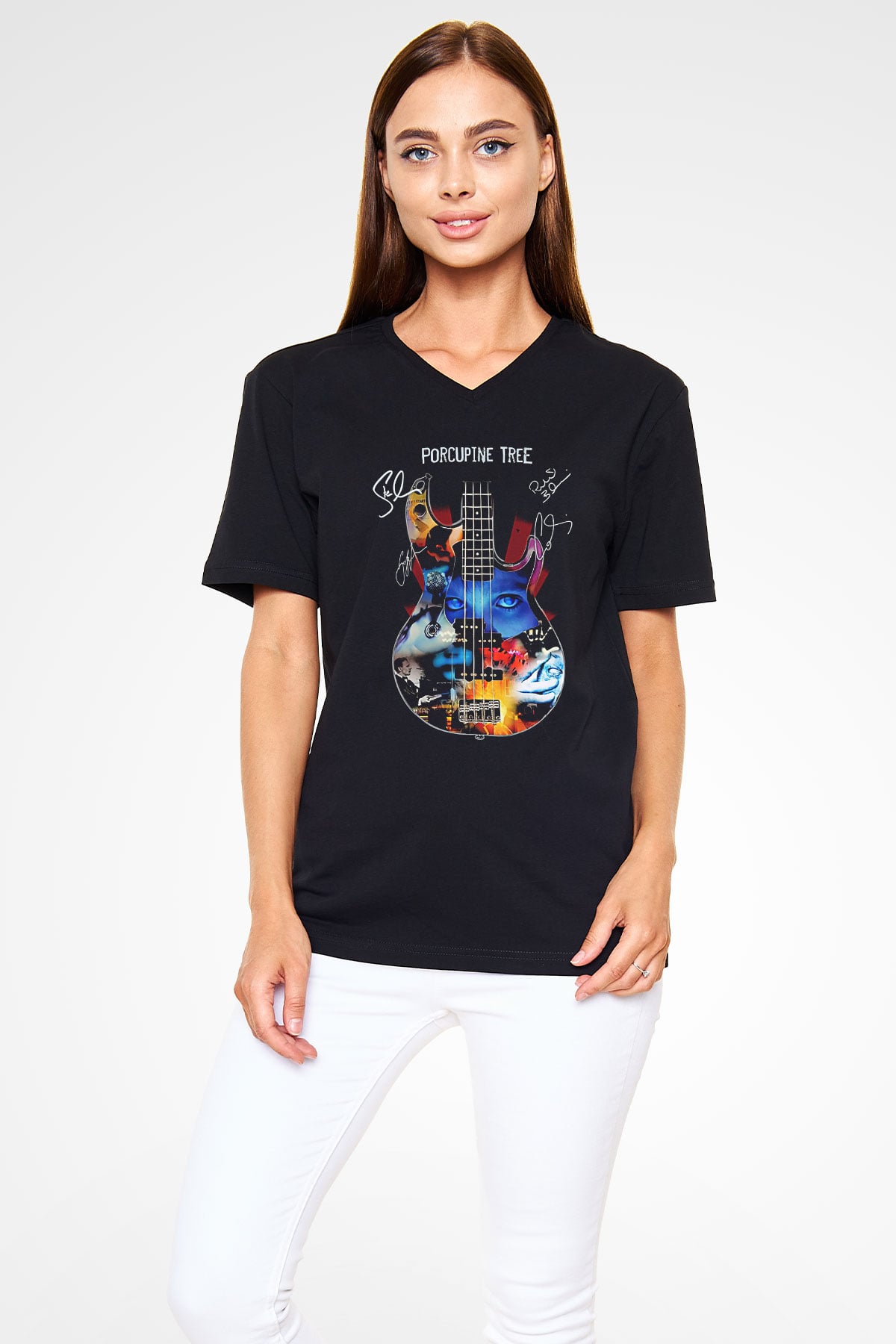 Porcupine Tree Baskılı Unisex Siyah V Yaka Tişört - Tshirt