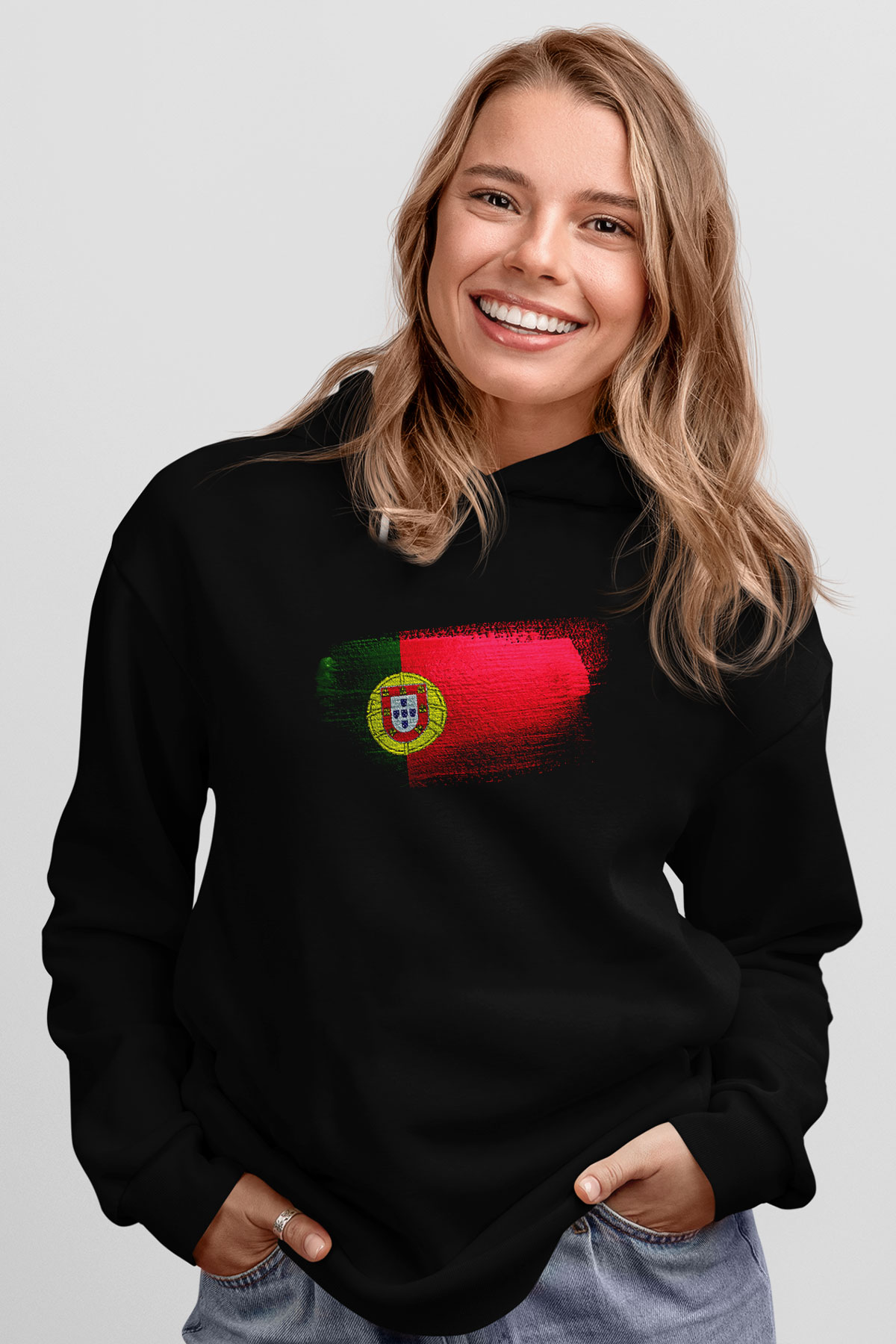 Portekiz - Portugal Bayrağı Baskılı Unisex Siyah Kapüşonlu Sweatshirt