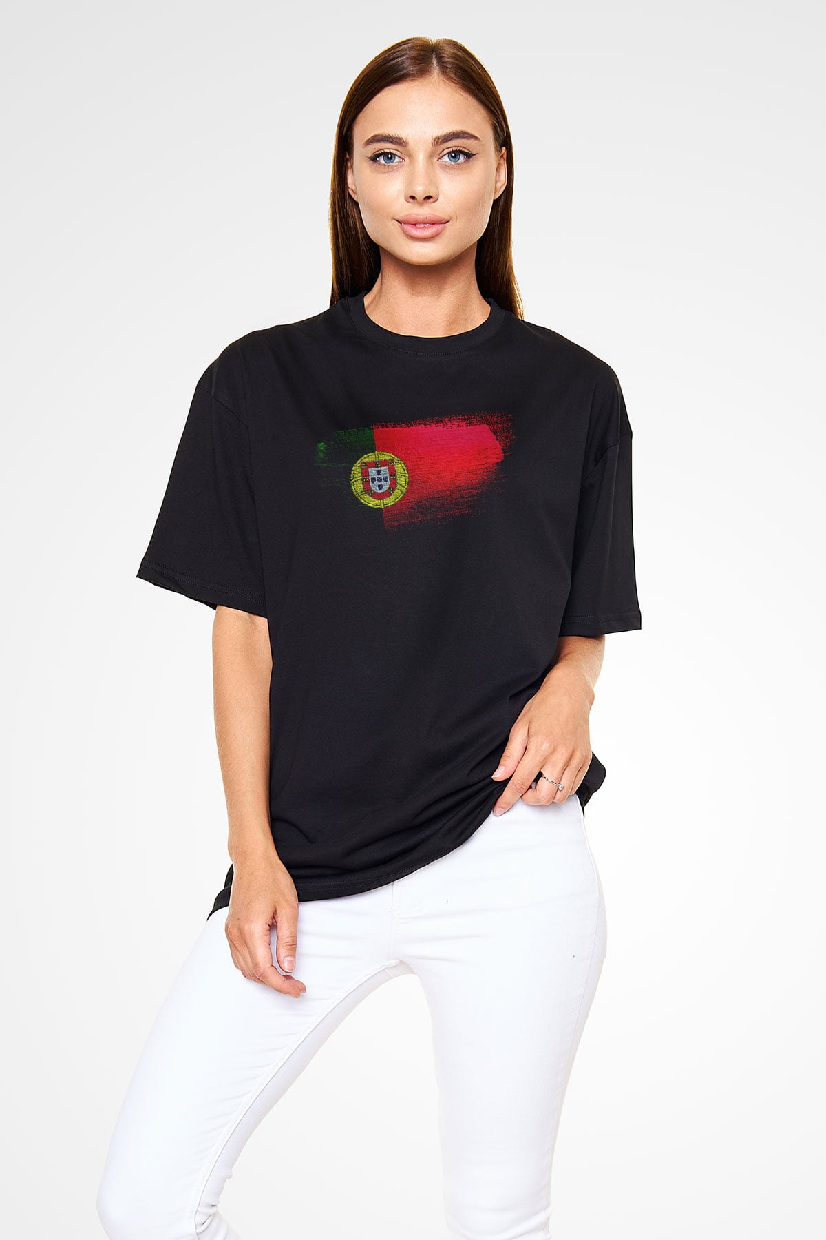 Portekiz - Portugal Bayrağı Baskılı Unisex Siyah Oversize Tişört
