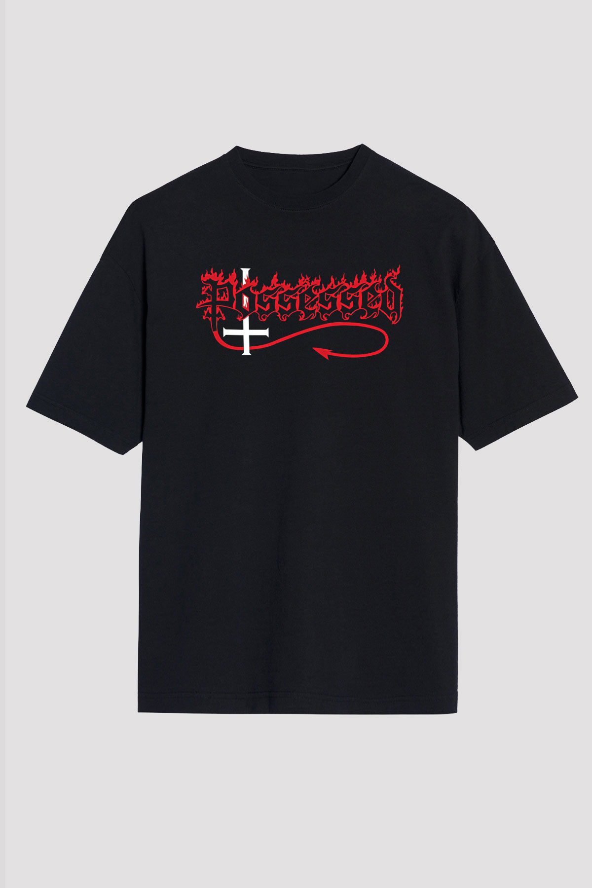 Possessed Baskılı Unisex Siyah Oversize Tişört - Tshirt