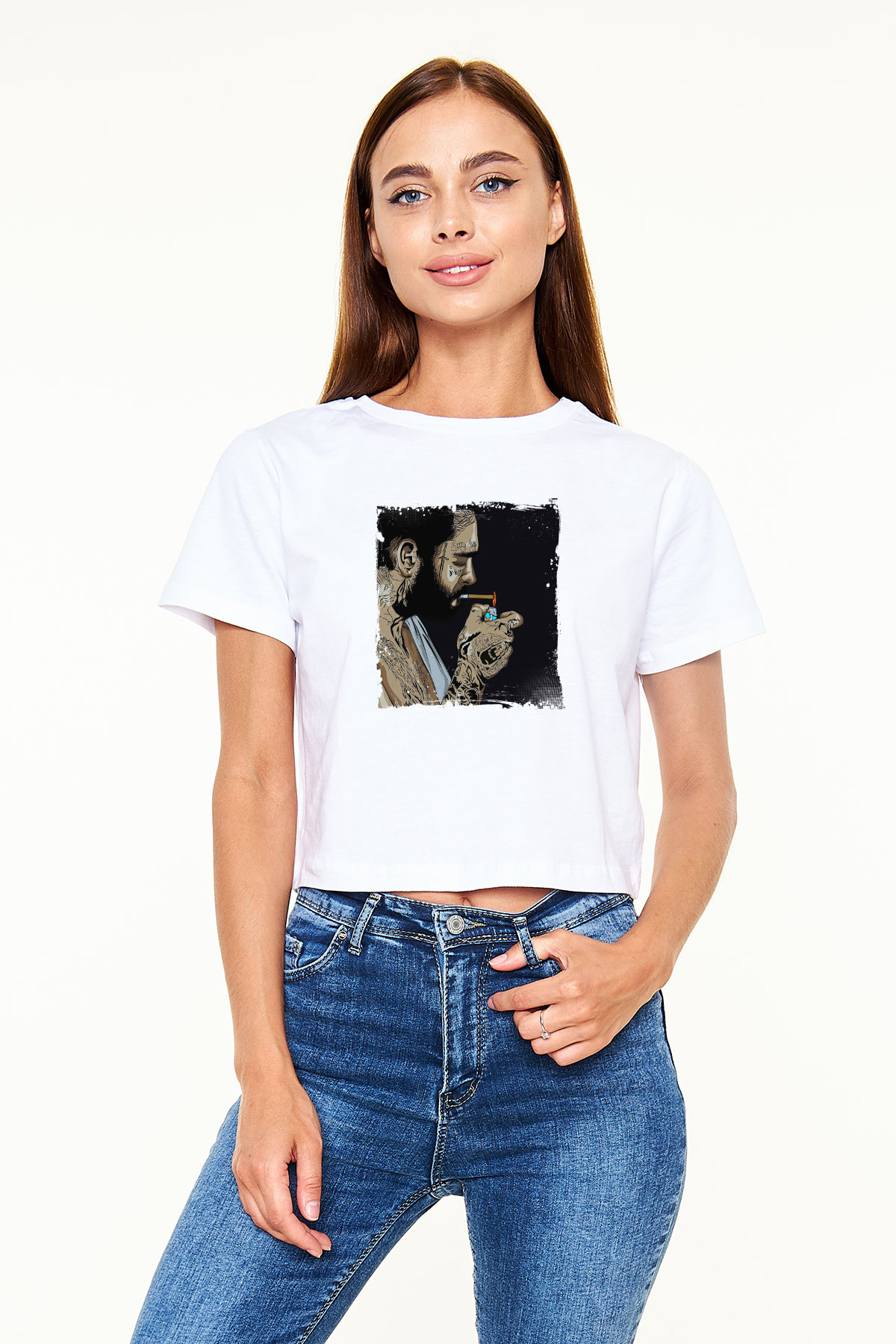 Post Malone Baskılı Beyaz Kadın Crop Top Tişört