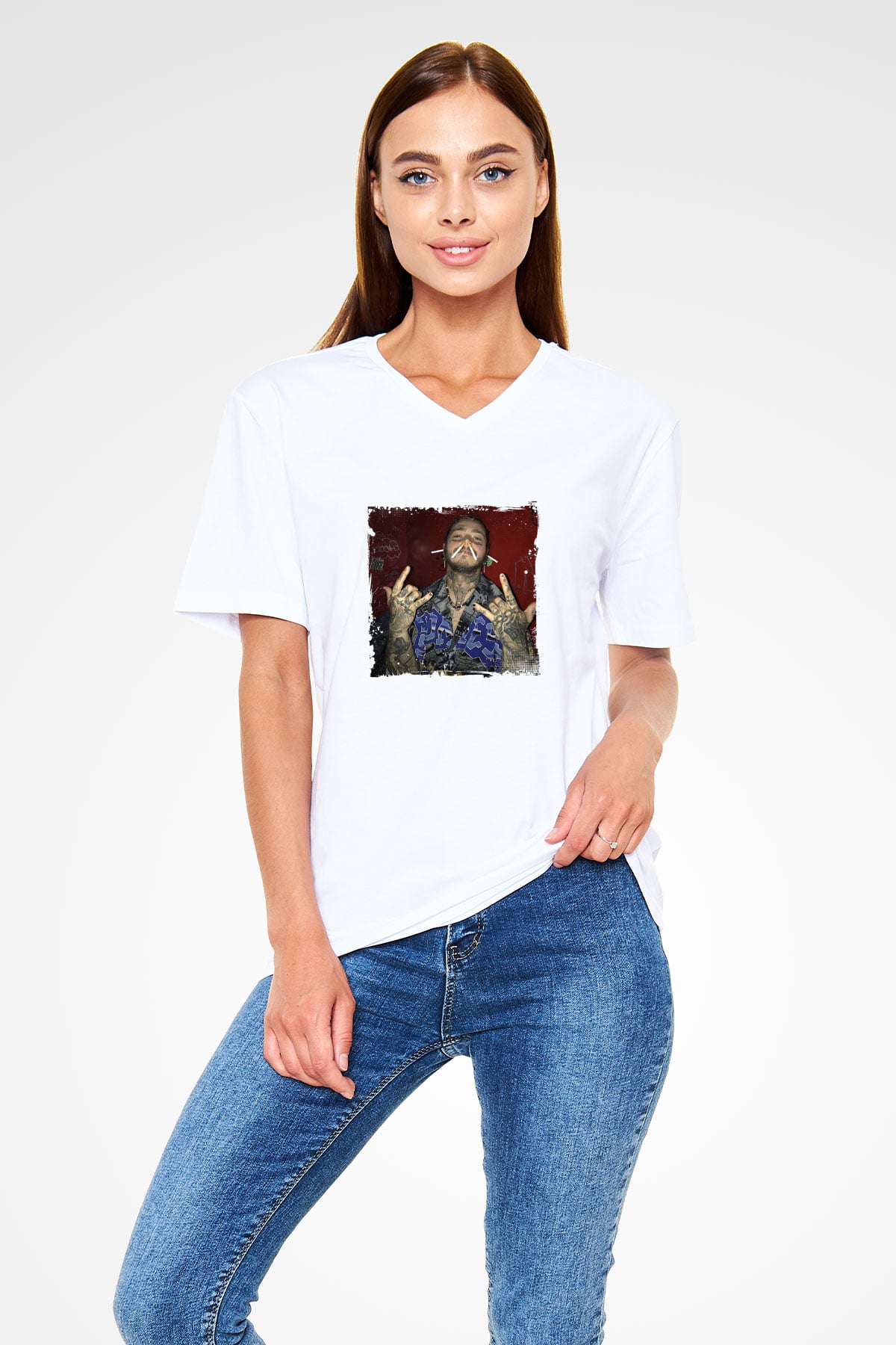 Post Malone Baskılı Beyaz V Yaka Unisex Tişört