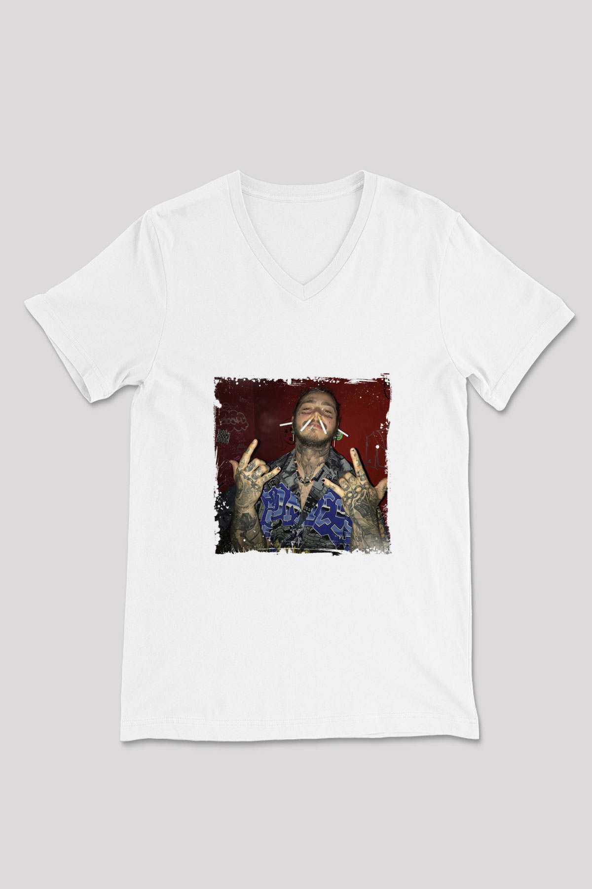 Post Malone Baskılı Beyaz V Yaka Unisex Tişört