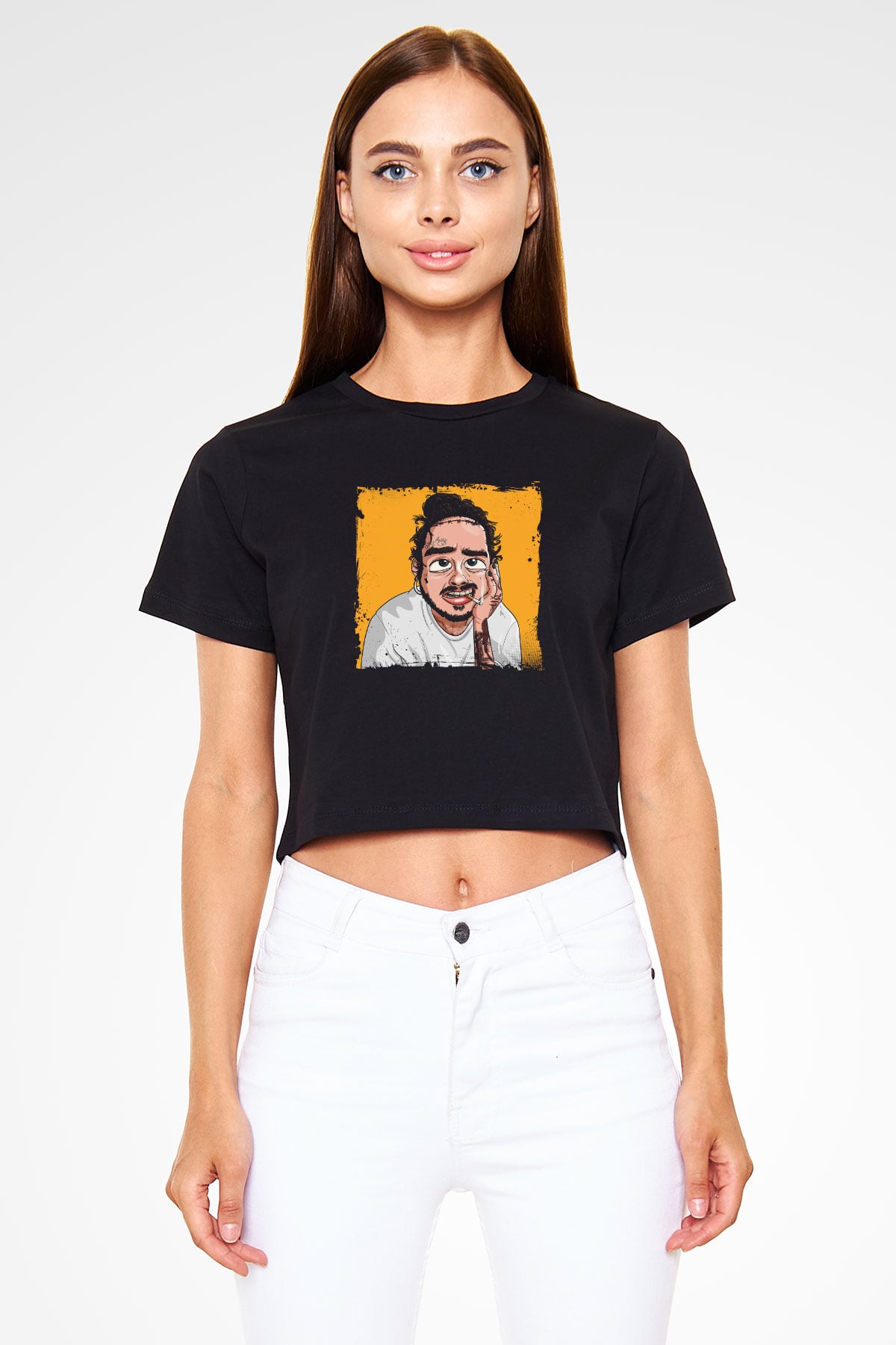 Post Malone Baskılı Crop Top Siyah Kadın Tişört