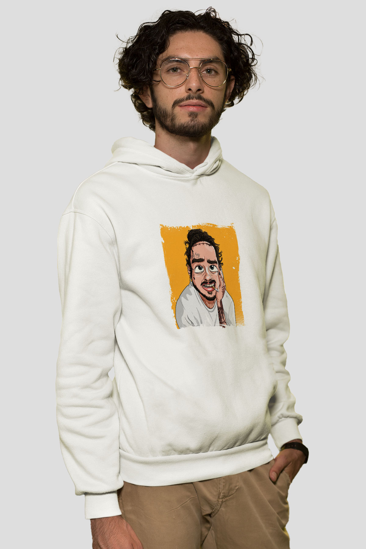 Post Malone Baskılı Unisex Beyaz Kapüşonlu Sweatshirt