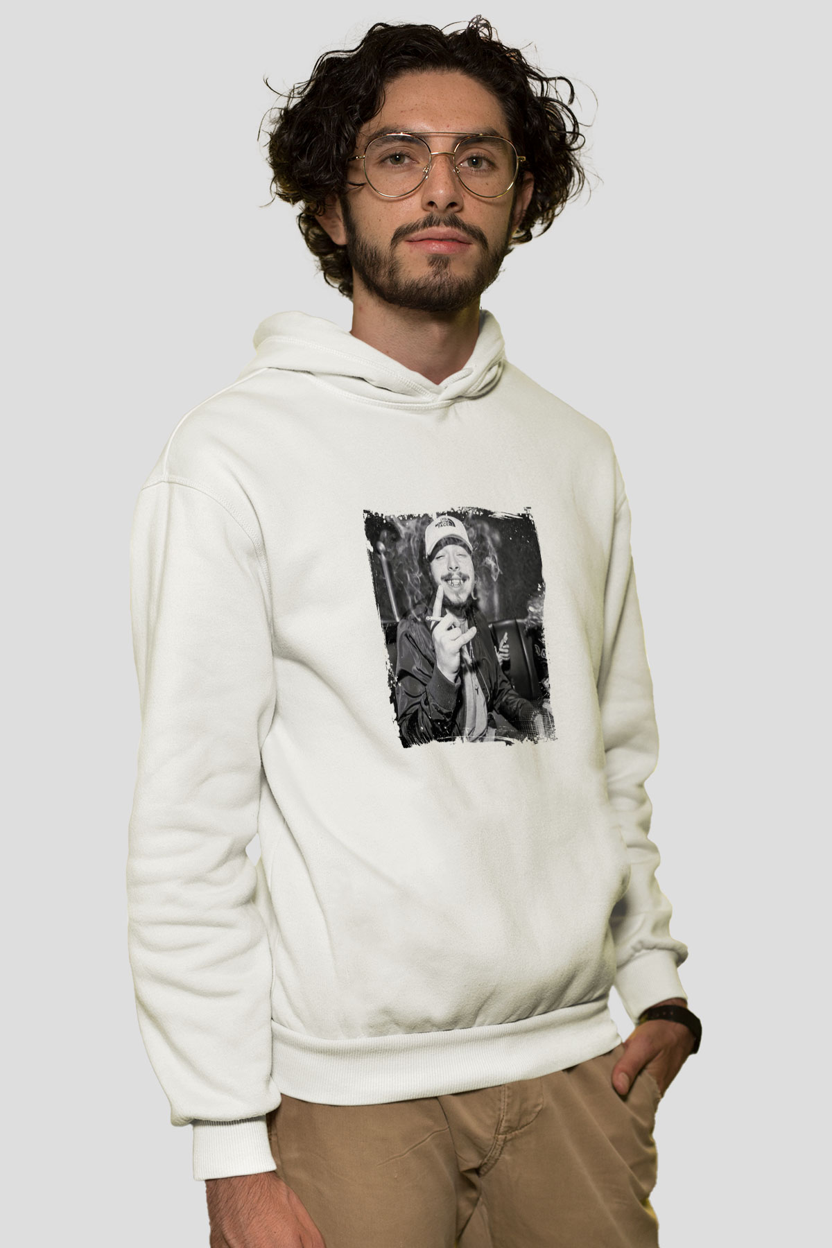 Post Malone Baskılı Unisex Beyaz Kapüşonlu Sweatshirt