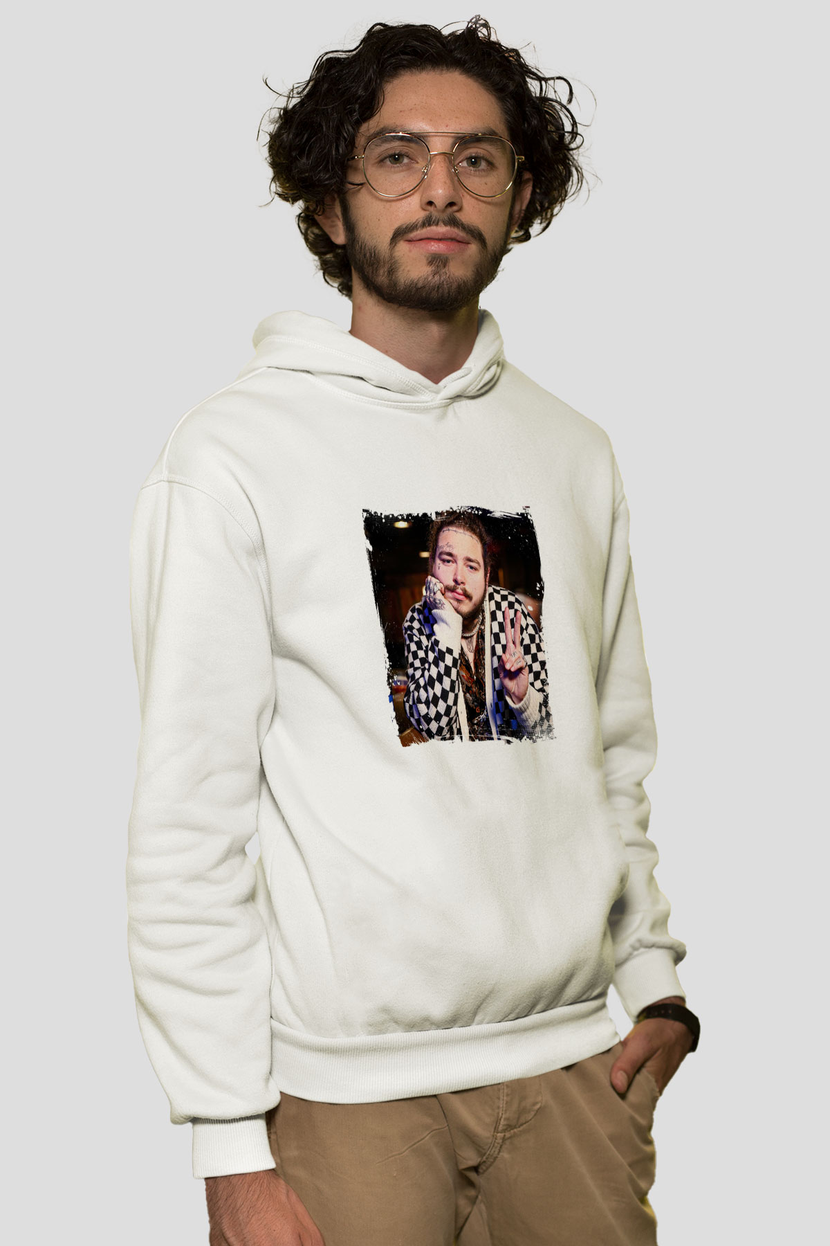 Post Malone Baskılı Unisex Beyaz Kapüşonlu Sweatshirt