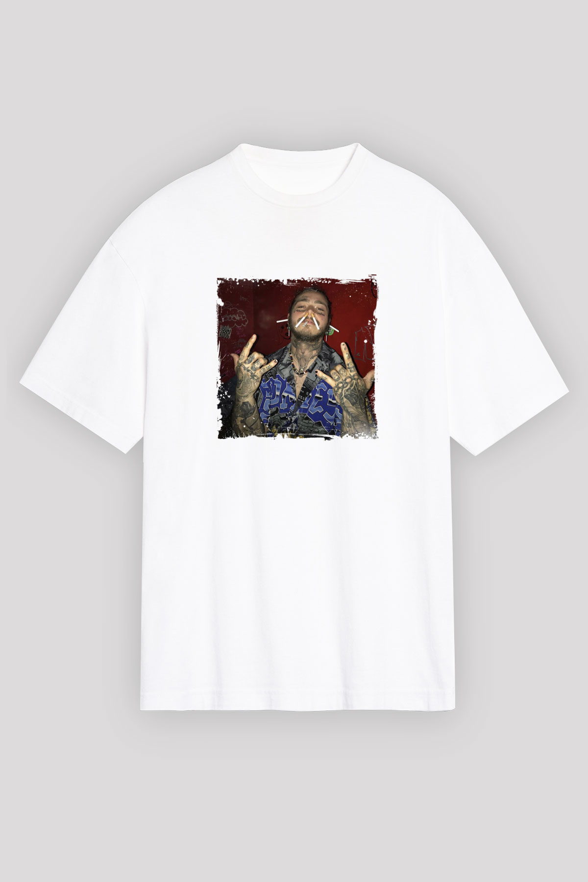 Post Malone Baskılı Oversize Beyaz Tişört