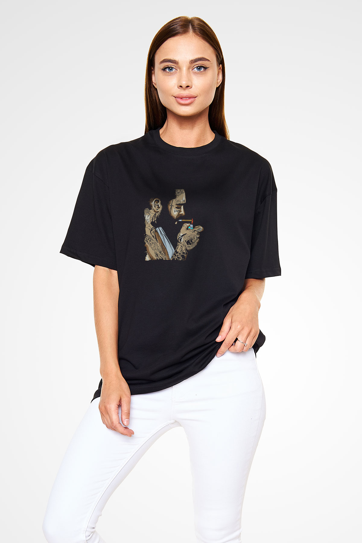 Post Malone Baskılı Unisex Oversize Siyah Tişört