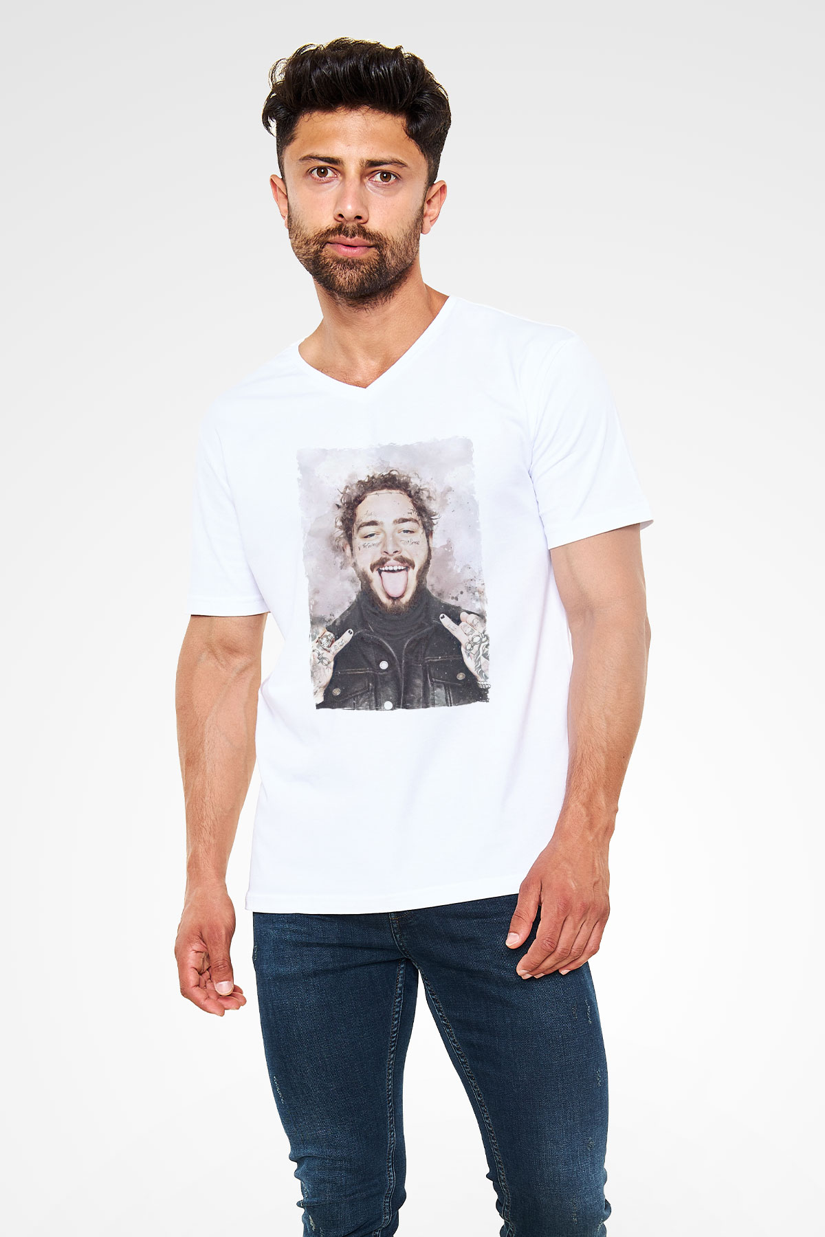 Post Malone Beyaz Unisex V Yaka Tişört