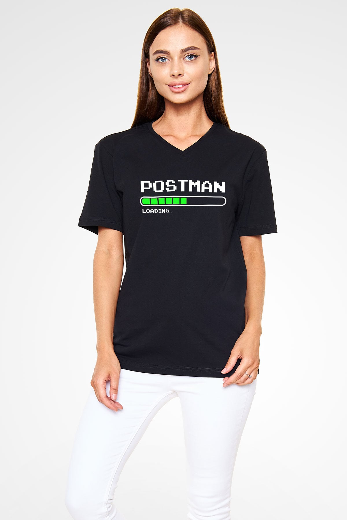 Postacı Siyah Unisex V Yaka Tişört