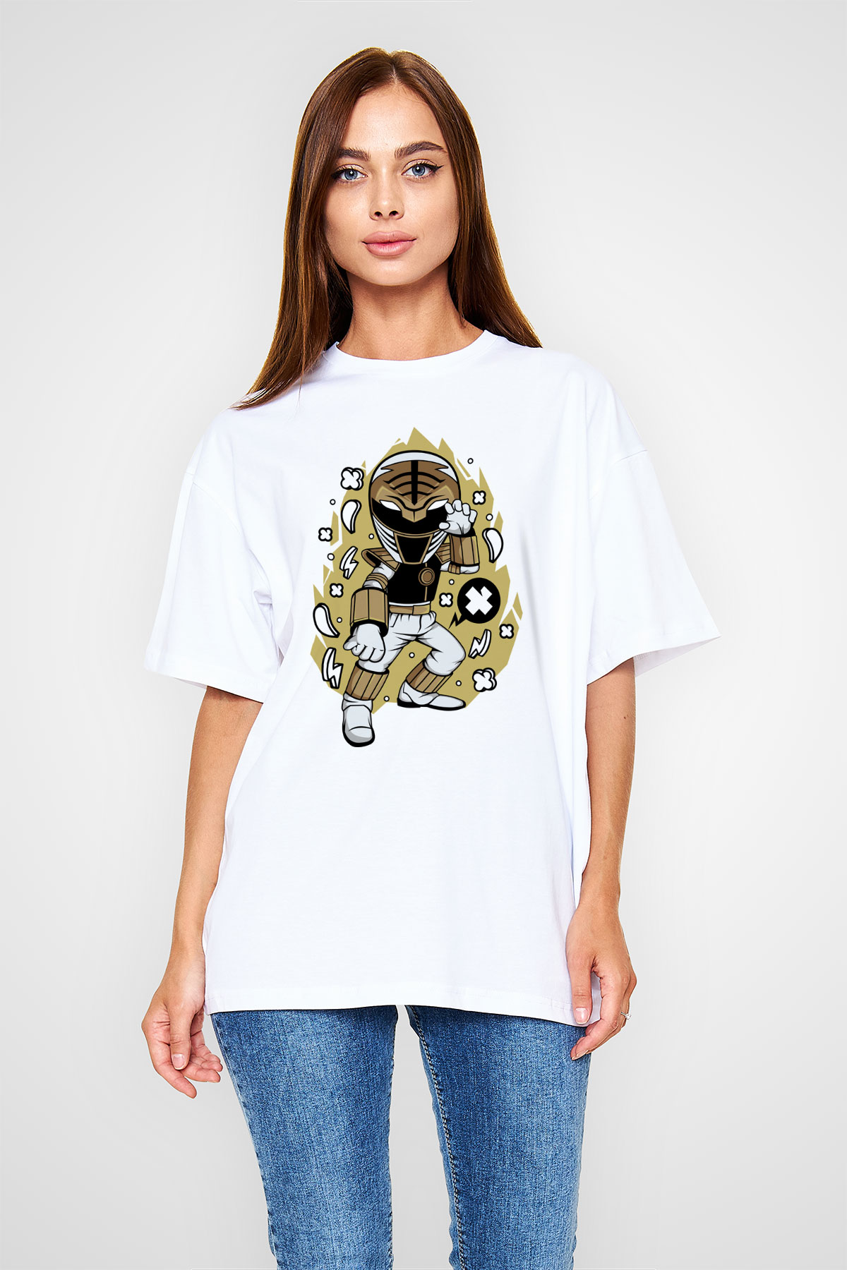 Power Ranger Baskılı Beyaz Unisex Oversize Tişört