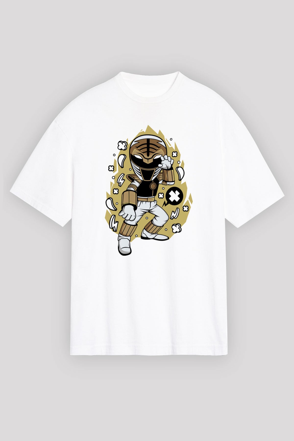 Power Ranger Baskılı Beyaz Unisex Oversize Tişört