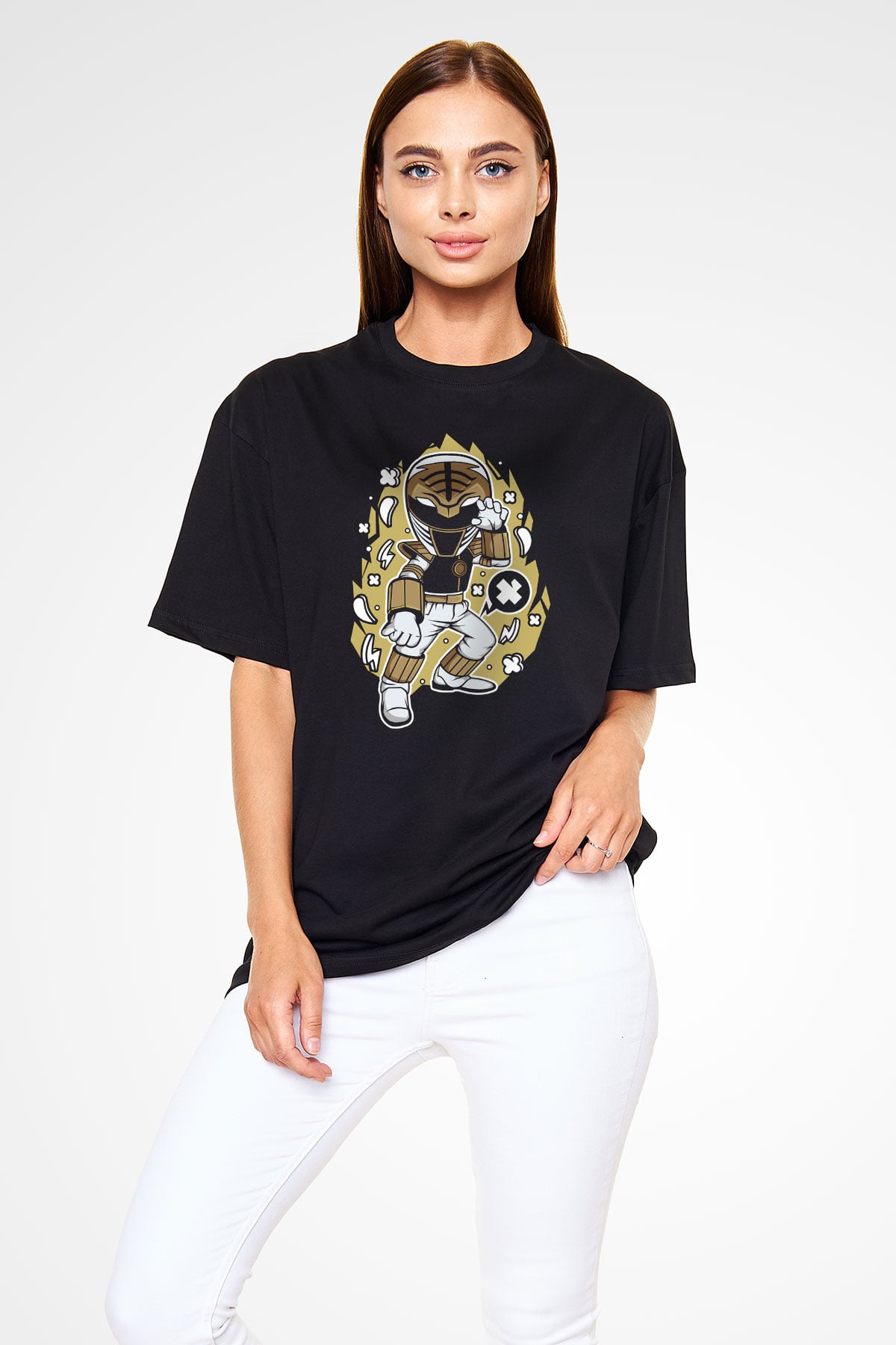 Power Ranger Baskılı Siyah Unisex Oversize Tişört