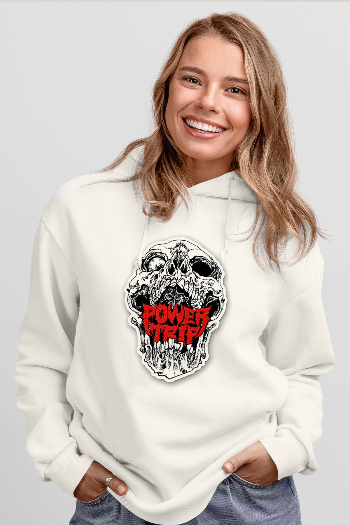 Power Trip Baskılı Beyaz Unisex Kapüşonlu Sweatshirt