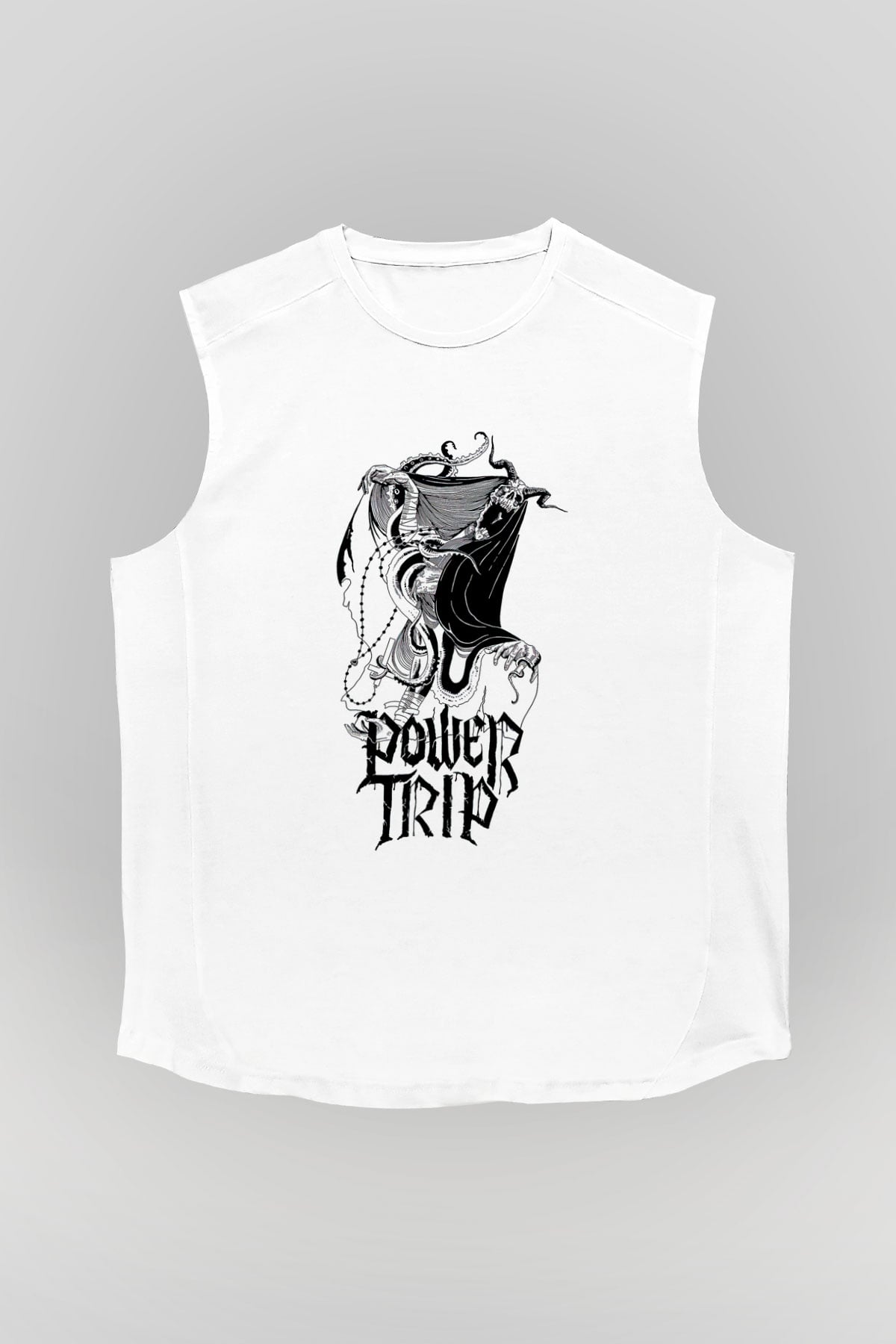 Power Trip Baskılı Beyaz Unisex Kolsuz Tişört - Tshirt