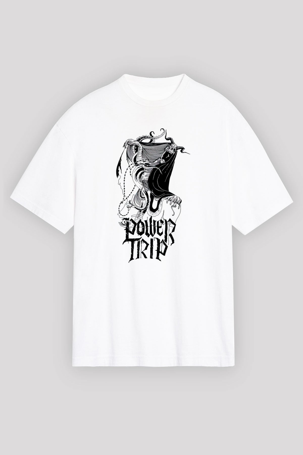 Power Trip Baskılı Beyaz Unisex Oversize Tişört - Tshirt