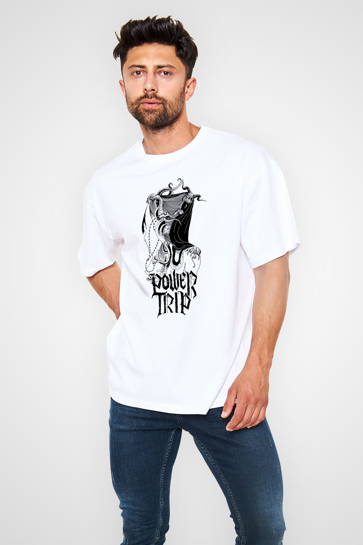 Power Trip Baskılı Beyaz Unisex Oversize Tişört - Tshirt