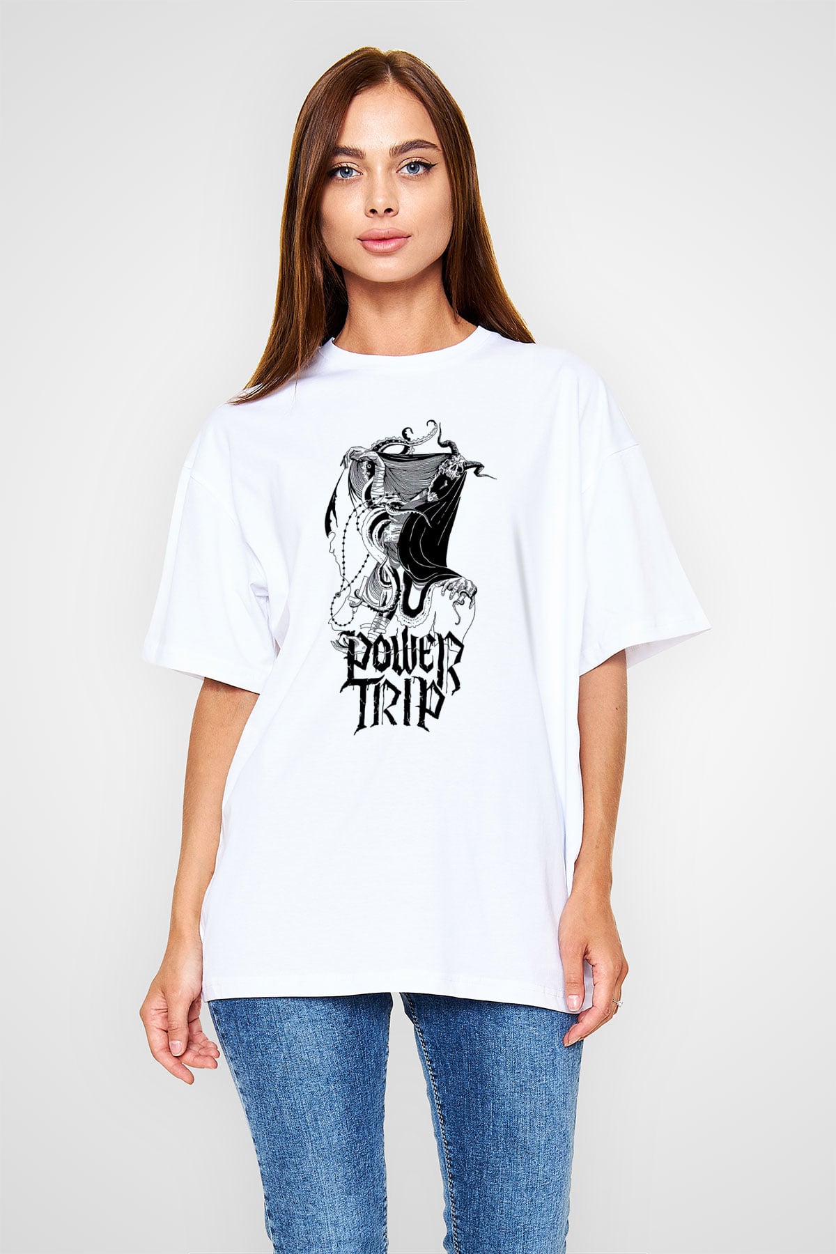 Power Trip Baskılı Beyaz Unisex Oversize Tişört - Tshirt