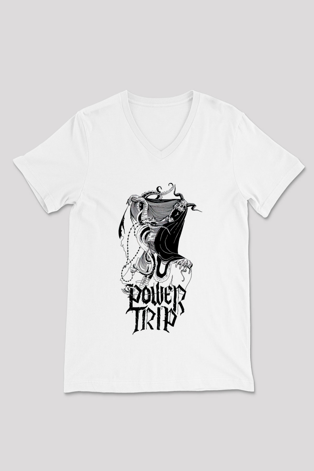 Power Trip Baskılı Beyaz Unisex V Yaka Tişört - Tshirt