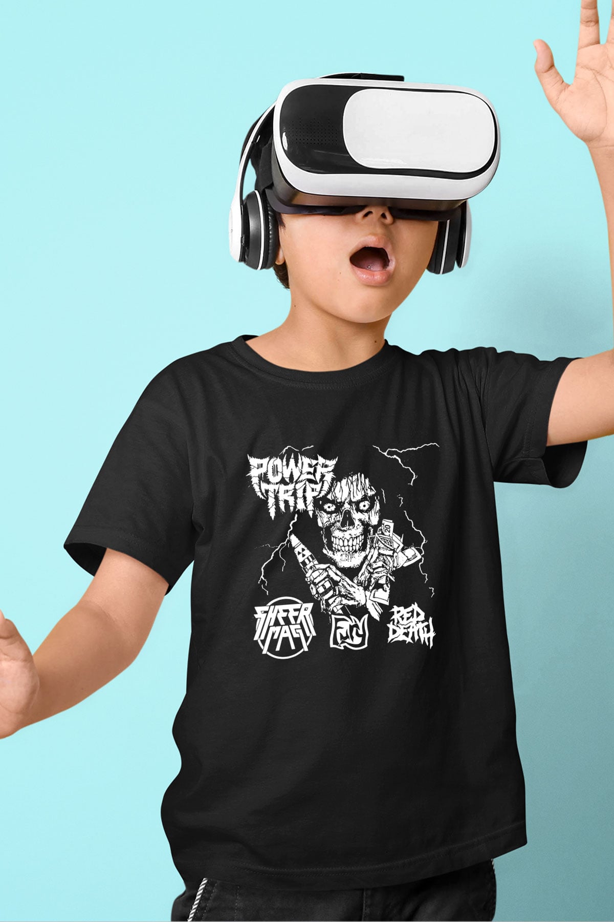 Power Trip Baskılı Unisex Siyah Çocuk Tişört - Tshirt
