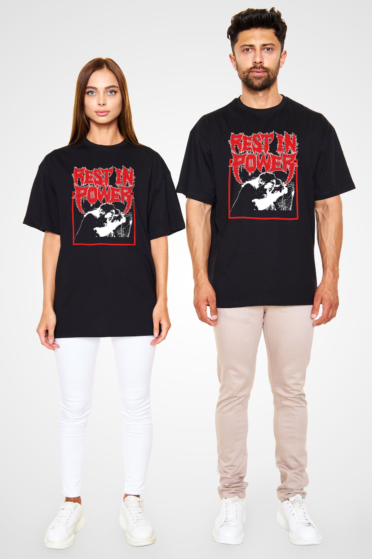 Power Trip Baskılı Unisex Siyah Oversize Tişört - Tshirt